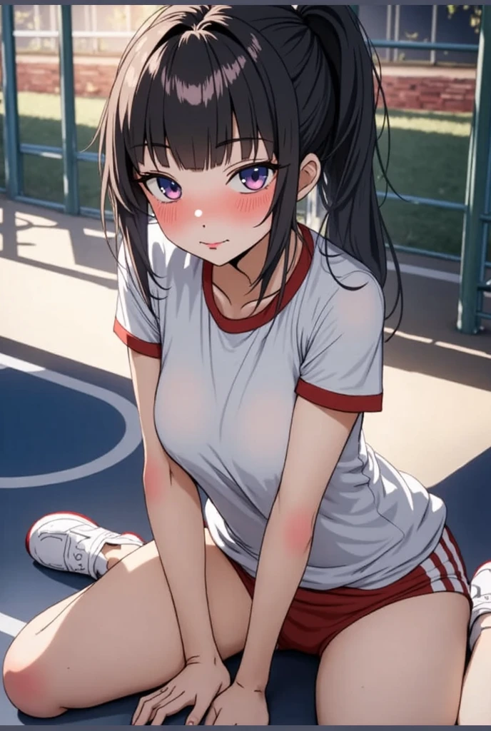 (((masterpiece, highest quality:1.3,absurdres))),cowboy shot,18 year old beauty,solo,((very small head:1.4)),ponytail hair style,long hair,blunt bangs,black hair,glay eyes,A proud smile,blush,medium breasts,((very long body,slender body)),skinny,gleaming skin,shiny skin,sweat, ,(White short sleeve T-shirt, Red Ringer Neck, school gym red buruma)、white sneaker shoes, ,Stretching、spread legs,School playground、at night、moonlight、