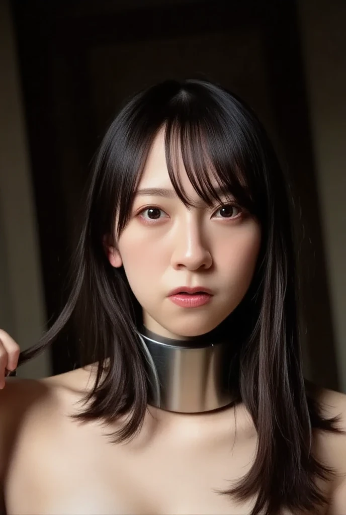 ((Best Quality, 8K, masutepiece :1.3)), Sharp Focus, Selfie, A pretty woman with perfect figure, ((Black hair, Big breasts)), (Underwear, Collar), Simple background, Highly detailed face and skin texture, Detailed eyes, 二重まぶた,Spread your legs so wide that your pubic area is exposed