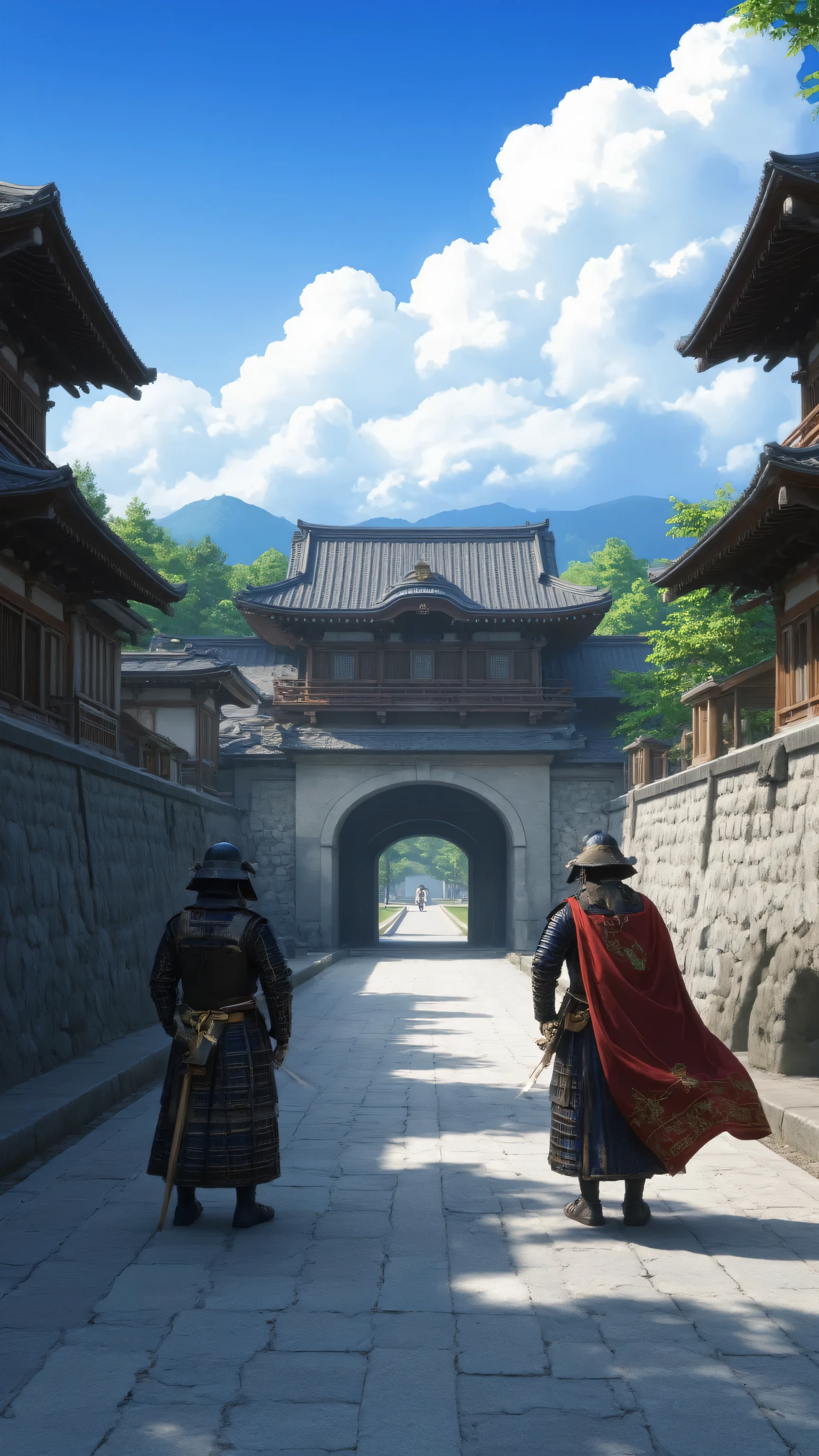I'm imagining、when Oda Nobunaga was alive(Kyoto in the Sengoku Period、Honnoji Temple)there is a moat along the road、お堀の向こう側にはRampartsがあり、and the castle gate was open on the other side of the moat so you could look inside、there were two samurai wearing armor in front of the gate、Picturesque Backgrounds、Ramparts、高解像度の背景は古代Honnoji Temple、high-resolution digital painting、High Resolution Digital Paint、The state of Honno-ji Temple、Detailed Scenery。