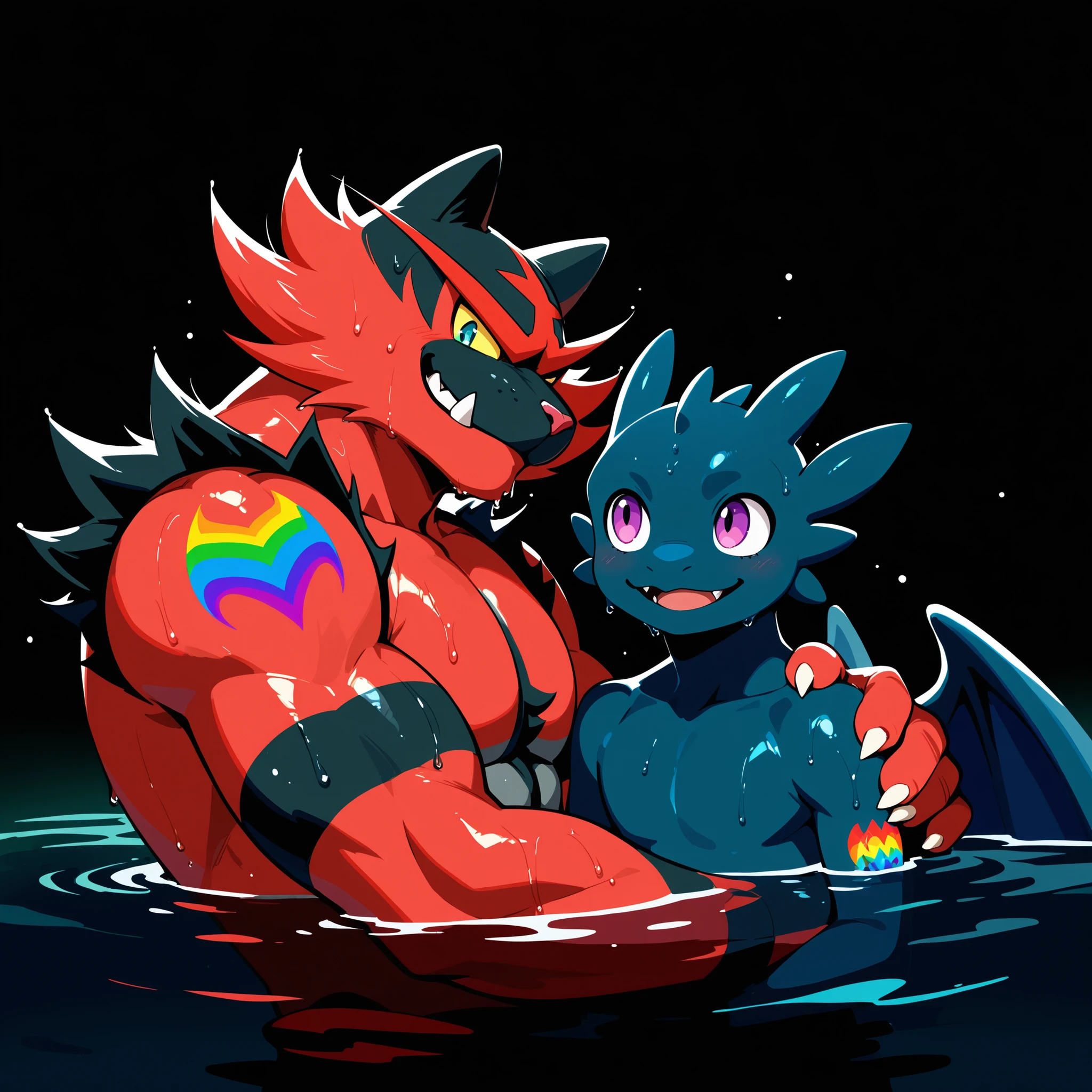 water, underwater, fully underwater, undersea, water shading, view through water, distorted light in water, water in hair, water running down body, water everywhere, wet, very wet, floating hair, fish flying through scene, small fish flying everywhere, large air bubbles, side view, two shota boys, a shota boy fucking a shota boy, two boys fucking, big penis, thick penis, an anthro male shota shark pushing his penis into a human shota boy's ass, human penetrated, anthro penetrating, an anthro male shota shark standing behind a shota human boy, an anthro male shota shark holding a shota human boy's hips with both hands behind another anthro male shark, black anthro male shota shark, detailed shark scales, black shark scales, (black body), black shark, black shark skin, black shark body, human shota boy, regular human boy, human without animal characteristics, underwater, pink hair, blue hair, shark tail, thick shark tail, naked, erect glowing cyan penis, glowing cyan penis in ass, erect penis haning below stomach, erect penis hanging down into water, thick penis, gay sex, anal sex, yaoi, Libido boy, Shota, muscles, well trained body, fit body, boyish, masculine, glowing cyan penis, erect penis standing forward between legs, erect penis, visible penis, thick penis, glowing cyan penis, cum, cum in ass, cumshot, excessive amounts of cum in ass, blushing, drooling, screaming, crying, sobbing, pain, creampie, dark, night, very dark, no light, darkness, light particles, distorted bloom, heavy bloom, fuzzy bloom, bloom, ray tracing, light reflections on every surface, fully underwater, bottom of the lake, sea grass, large underwater plants, underwater vegetation, bubbles, naked, plump butt, dildo, dildo in ass, wristband, earring, tattoos, necklace, moaning, shouting, completely losing it, mouth wide open, shouting load, moaning heavily, screaming, hard, fuck hard, rough, rough sex, fuck hard, sobbing, tears, hearts, detailed eyes