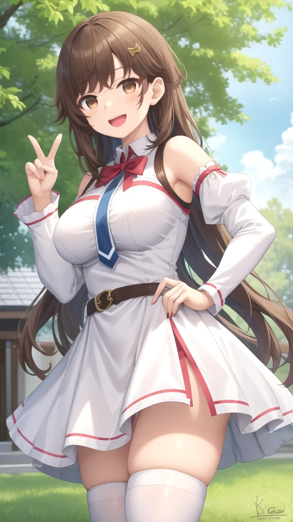 highest quality,Best Image,Japanese,Small breasts,Brown hair long,Elementary school girl,Beautiful girl,smile,No sleeve,mini skirt,ponytail