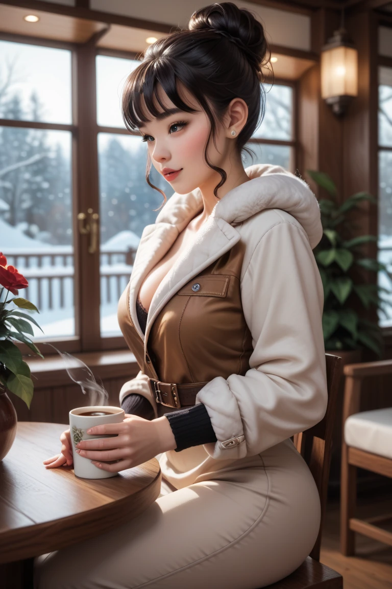 (realisitic、hight resolution:1.3)、1 girl with a perfect figure、white skin likes porcelain. Slim, Slender, thin and tall body. Super thin face and eyes, wearing khaki color Coat, wearing glasses, wearing brown color long hijab、wearing khaki color Coat, super transparent lingerie bra, showing breasts and nipples, khaki color skirt. Open leg with the zipper is slightly open, in a class, clean light room, clean light room, Colossal 4k, hd, best quality, clean light, sitdown in coffe shop, horny face, seducting look, shyly smile, holding cup od milk, melting innthe glass, cucumbers with many melting milk in the table.