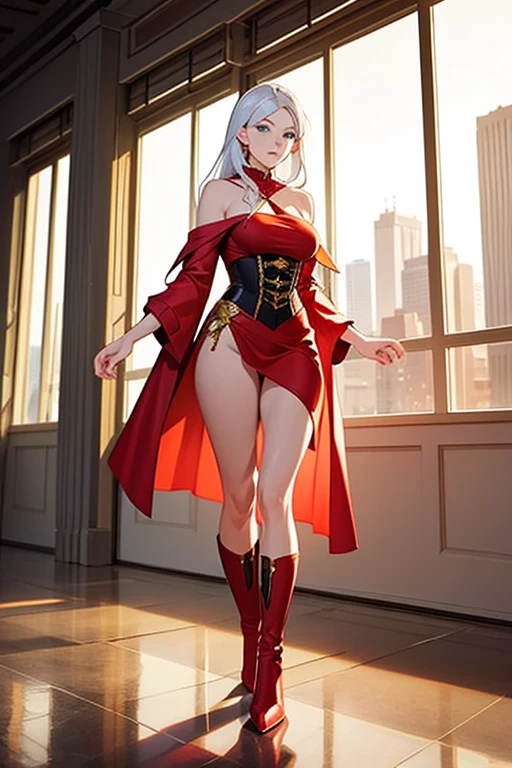 masterpiece, best quality, highres, 1girl, solo, superhero, bare legs, matching boots, matching gloves, sleeveless, looking at viewer, city backdrop, perfect hands, perfect eyes, perfect leotard, perfect legs, perfect arms, perfect fingers, medium breasts, (pink leotard), standing, blonde hair, long hair, knee boots, blue eyes, heart cutout, cute face, hair down, bangs, cleavage cutout,