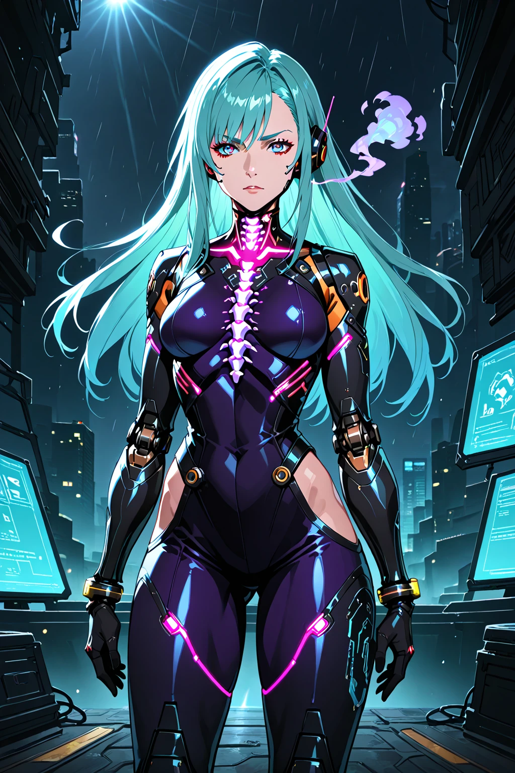 digital art drawing, illustration of (girl with neon metal parts on her skin, cyberpunk 2077), anime drawing/art, bold linework, illustration, digital art, masterpiece, flat illustration, no shadows, black and white, 8k resolution, high detail, vector art, only anime