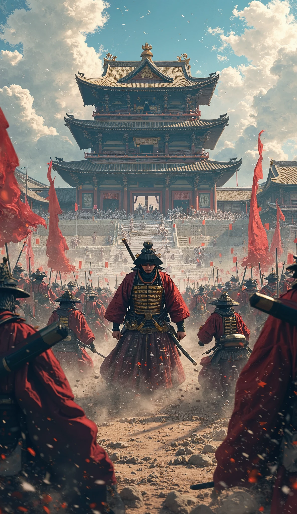 ハイビジョン映像では、本能寺事変当日の夜明けの戦闘シーン(戦国時代の京都の本能寺)　織田信長のクローズアップ、白兵戦、織田信長自身が戦っている、複数の火が焚かれ、武士が戦っており、戦場の中心にいた織田信長が敵に包囲され、甲冑を着た武士がおり、激闘のディテール、高解像度の戦場、本能寺での接近戦、戦場のスポットを動画解像度{×}で映し出される高解像度の戦闘マーク、激闘シーン、高解像度デジタルペイント、戦国時代の戦時時代、細部までこだわった風景。