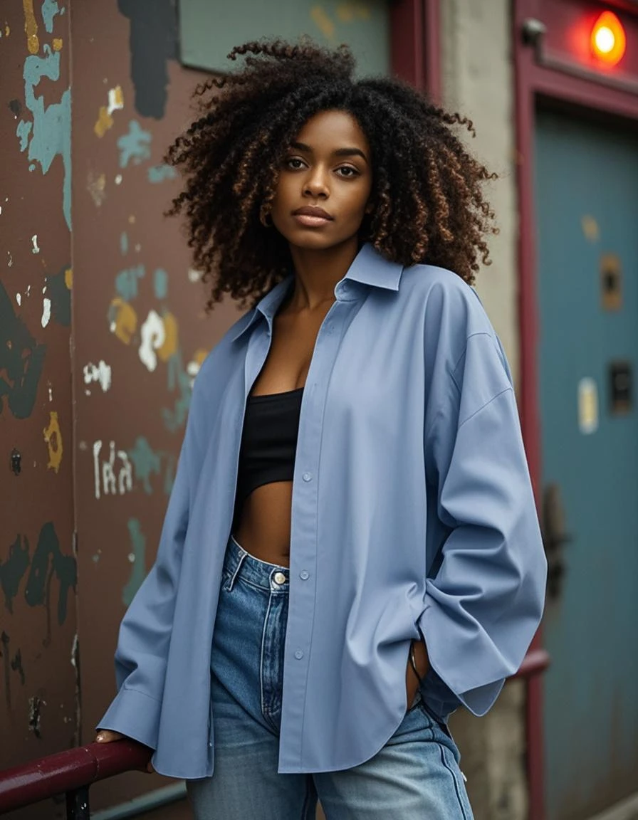A Black woman with mocha skin tone and thick hair tied up in a big bun. Wearing a t-shirt and an old navy blue windbreaker with patches and pockets on the sleeve.