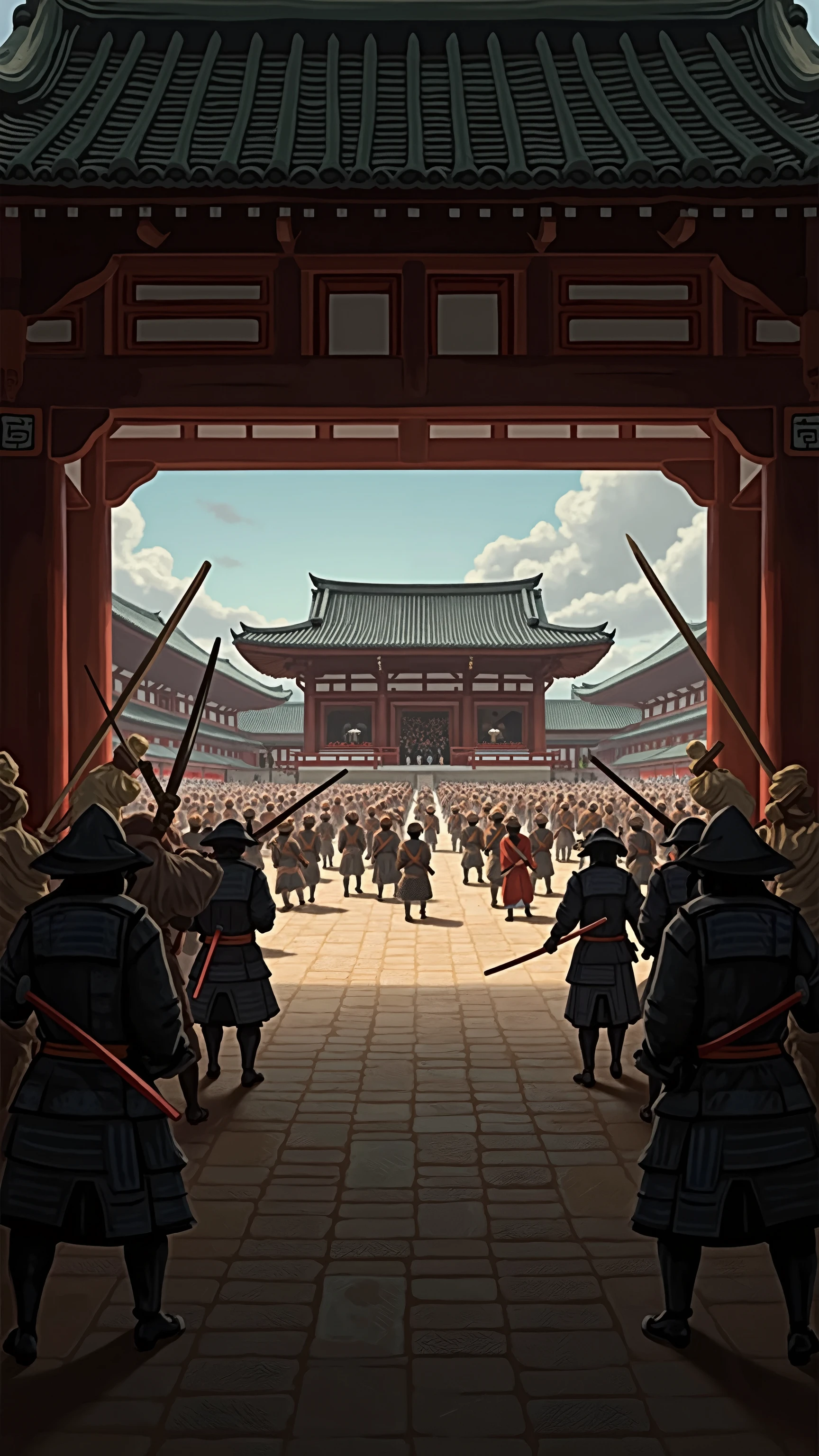 ハイビジョン映像では、本能寺事変当日の夜明けの戦闘シーン(戦国時代の京都の本能寺)　織田信長のクローズアップ、白兵戦、織田信長自身が戦っている、複数の火が焚かれ、武士が戦っており、戦場の中心にいた織田信長が敵に包囲され、甲冑を着た武士がおり、激闘のディテール、高解像度の戦場、本能寺での接近戦、戦場のスポットを動画解像度{×}で映し出される高解像度の戦闘マーク、激闘シーン、高解像度デジタルペイント、戦国時代の戦時時代、細部までこだわった風景。