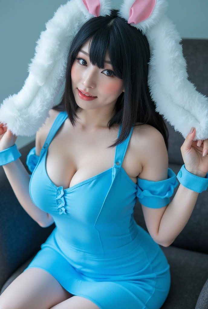 there is a woman sitting in a chair with a teddy bear, anime girl cosplay, very sexy outfit, japanese goddess, huge tit, full bodyesbian, sexy pose, thicc, anime girl in real life, lacepantyhose, pretty face with arms and legs, sitting on her throne, sitting in her room, sexy outfit, anime character; full body art, seductive anime girl, sexy look at the camera