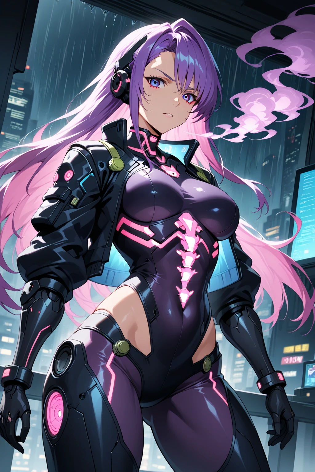 ((Highest quality)), ((masterpiece)), (detailed), One girl, sexly、One girl, close, Complex details, (cyber punk:1.4), mechanical arm, Glasses, Messy Hair, (Glowing neon armor:1.2), mechanical, Black background, Big Breasts, Pink Hair, Curvy but fit girl, She has a gun in her hand, bots, drone, Complex details, (cyber punk:1.4), mechanical arm, Glasses, Messy Hair, (Glowing neon armor:1.2), mechanical, Black background, Big Breasts, Pink Hair, Curvy but fit girl, She has a gun in her hand, bots, drone, car