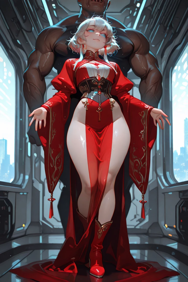 martial artist,nsfw,pointing nipple,(realistic:1.5),photorealistic, octane render,hyperrealistic,taken upfront, (voluptuous body build),thick thighs,wide hips,standing, gold metal heels,(armor heels:1.6),red qipao,gold ornament qipao,short qipao,(skindentation:1.3),(photorealistic back:1.2),(1girl:1.4),necklace,(medium breasts:1.6),thick ass,long legs,(ponytail:1.1),blonde hair,ponytail hair,arm hidden,choker,(red dress:1.5),best quality, indoors,comfy,cosy,bedroom,beautiful room, nsfw,nude back,streaked hair,hair ornament,looking at window,sharp focus,(8k), (4k),long hair, (Masterpiece), (Best Quality), fantasy, extremely detailed, intricate, hyper detailed, (perfect face), illustration,soft lighting,(specular lighting:1.4),blue eyes,absurdly long hair,