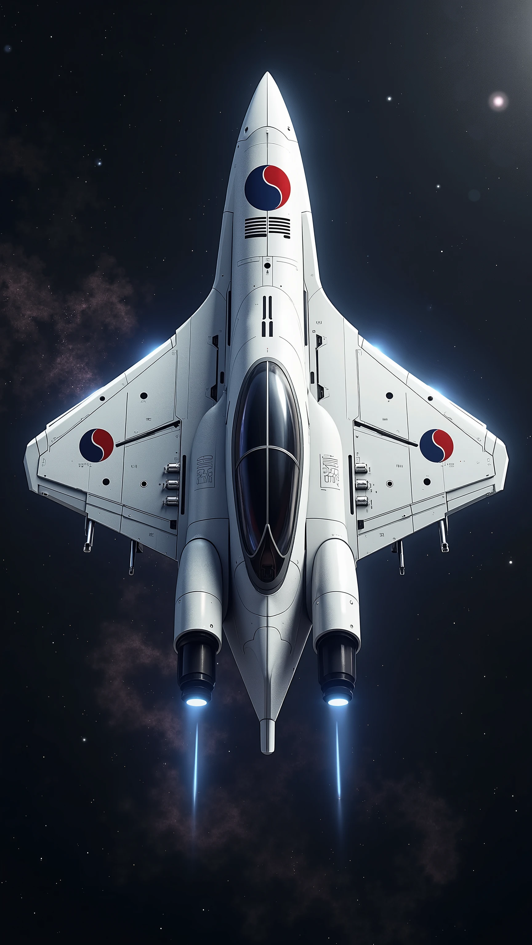 A futuristic space fighter jet flying in deep space, featuring a sleek white metallic body with a single large red and blue Taegeuk symbol prominently displayed on the top. The rest of the ship is clean and minimal, with no additional markings or patterns. The background is filled with stars, cosmic dust, and a softly glowing nebula. The camera angle captures the ship from above or behind, highlighting the Taegeuk symbol as the main visual focus.