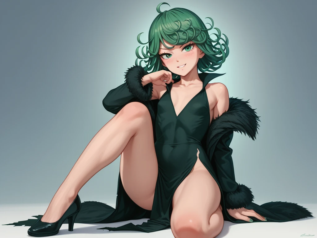 A picture of a young woman, big breast, light smile, full portrait, floating over a couch in a living room with a green aura, black dress