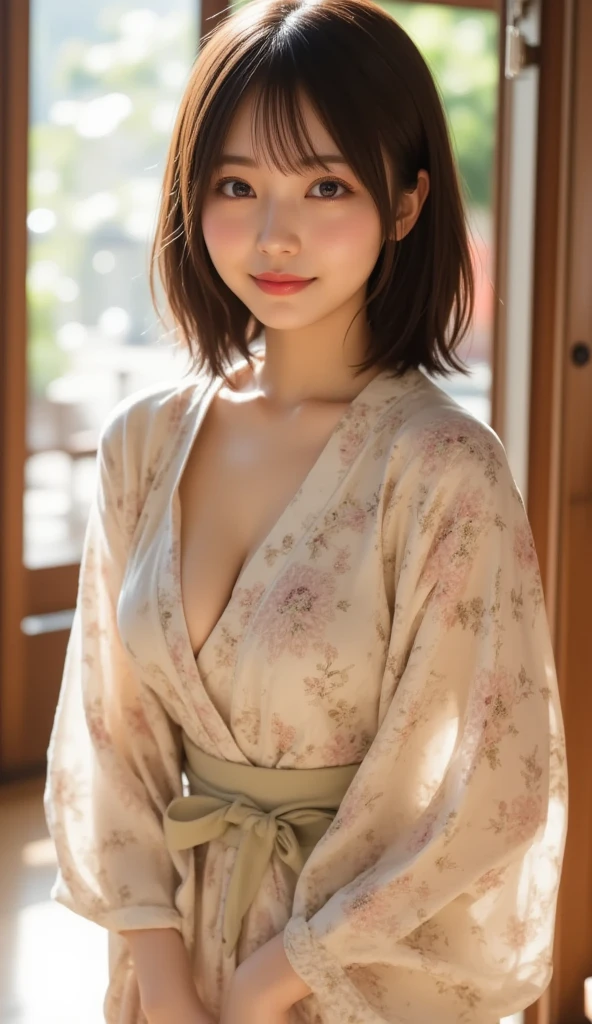 (Realistic image, Masterpiece: 1.2), Woman, Japanese, Portrait, in Kimono, 20 years old, Reveal between Breasts, Sleepless, The Room is Decorated in Japanese Style from the 1980s, (Clear Composition), Looking Directly at the Camera, Beautiful Hips, Dense, Extraordinarily Detailed Face, The Texture of the Skin is Fine, Clearly Beautiful Hands, Light in the Room at Studio Level, Canon EOS 5D Mark IV, 85mm, f/1.2, slow shutter speed --s2--, Clear Level 8k DSLR Super35