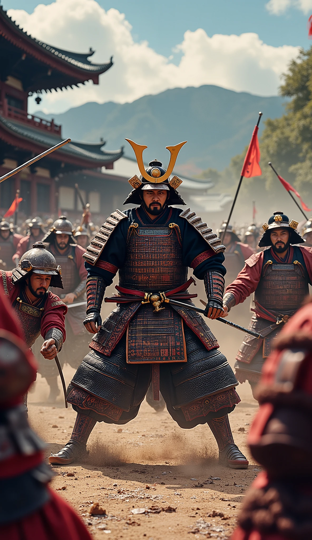 ハイビジョン映像では、本能寺事変当日の夜明けの戦闘シーン(戦国時代の京都の本能寺)　織田信長のクローズアップ、白兵戦、織田信長自身が戦っている、複数の火が焚かれ、武士が戦っており、戦場の中心にいた織田信長が敵に包囲され、甲冑を着た武士がおり、激闘のディテール、高解像度の戦場、本能寺での接近戦、戦場のスポットを動画解像度{×}で映し出される高解像度の戦闘マーク、激闘シーン、高解像度デジタルペイント、戦国時代の戦時時代、細部までこだわった風景。