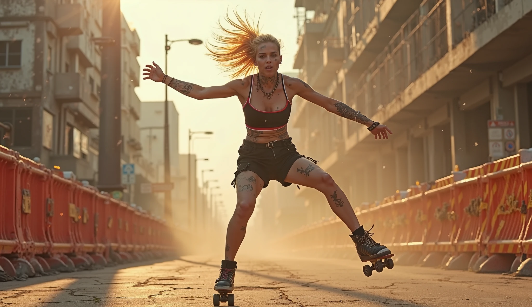 photo of Alexa Bliss abliss, naked, close up low shot, recklessly riding a dirt bike through a busy city street while evading the squadron of cop cars chasing her, hot pursuit, action shot, cinematic angles, determined face, chase scene, shot for imasx