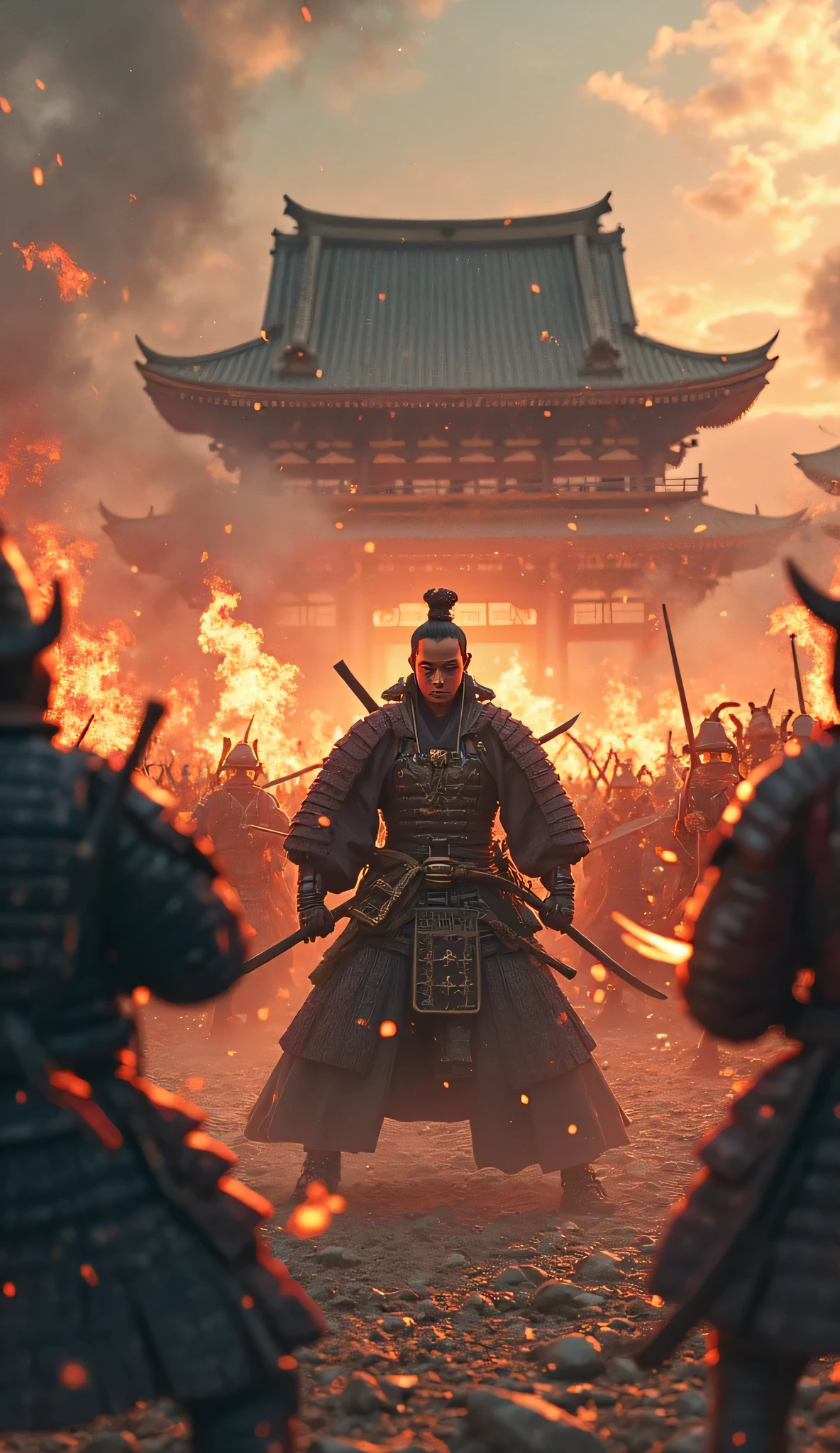 ハイビジョン映像では、本能寺事変当日の夜明けの戦闘シーン(戦国時代の京都の本能寺)　織田信長のクローズアップ、白兵戦、織田信長自身が戦っている、複数の火が焚かれ、武士が戦っており、戦場の中心にいた織田信長が敵に包囲され、甲冑を着た武士がおり、激闘のディテール、高解像度の戦場、本能寺での接近戦、戦場のスポットを動画解像度{×}で映し出される高解像度の戦闘マーク、激闘シーン、高解像度デジタルペイント、戦国時代の戦時時代、細部までこだわった風景。