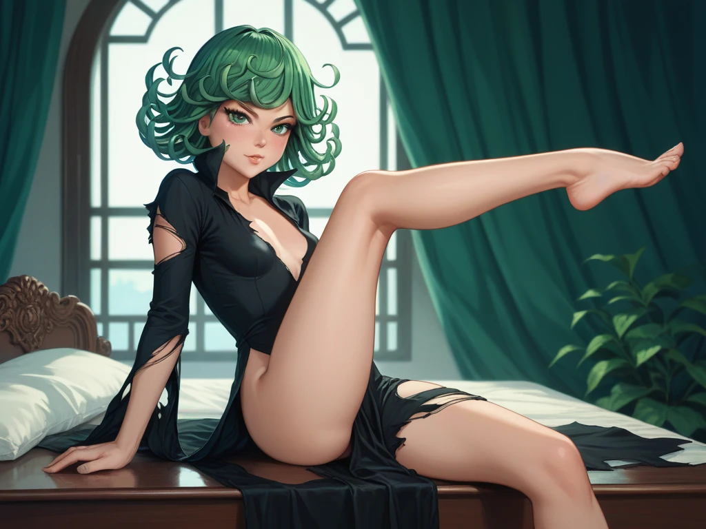 (Masterpiece, Best Quality:1.2), solo, 1girl, tatsumaki, unamused, closed mouth, looking a viewer, hand on our face, sitting, Short black kimono ,big thighs,crossing leg, green hair, NSFW
