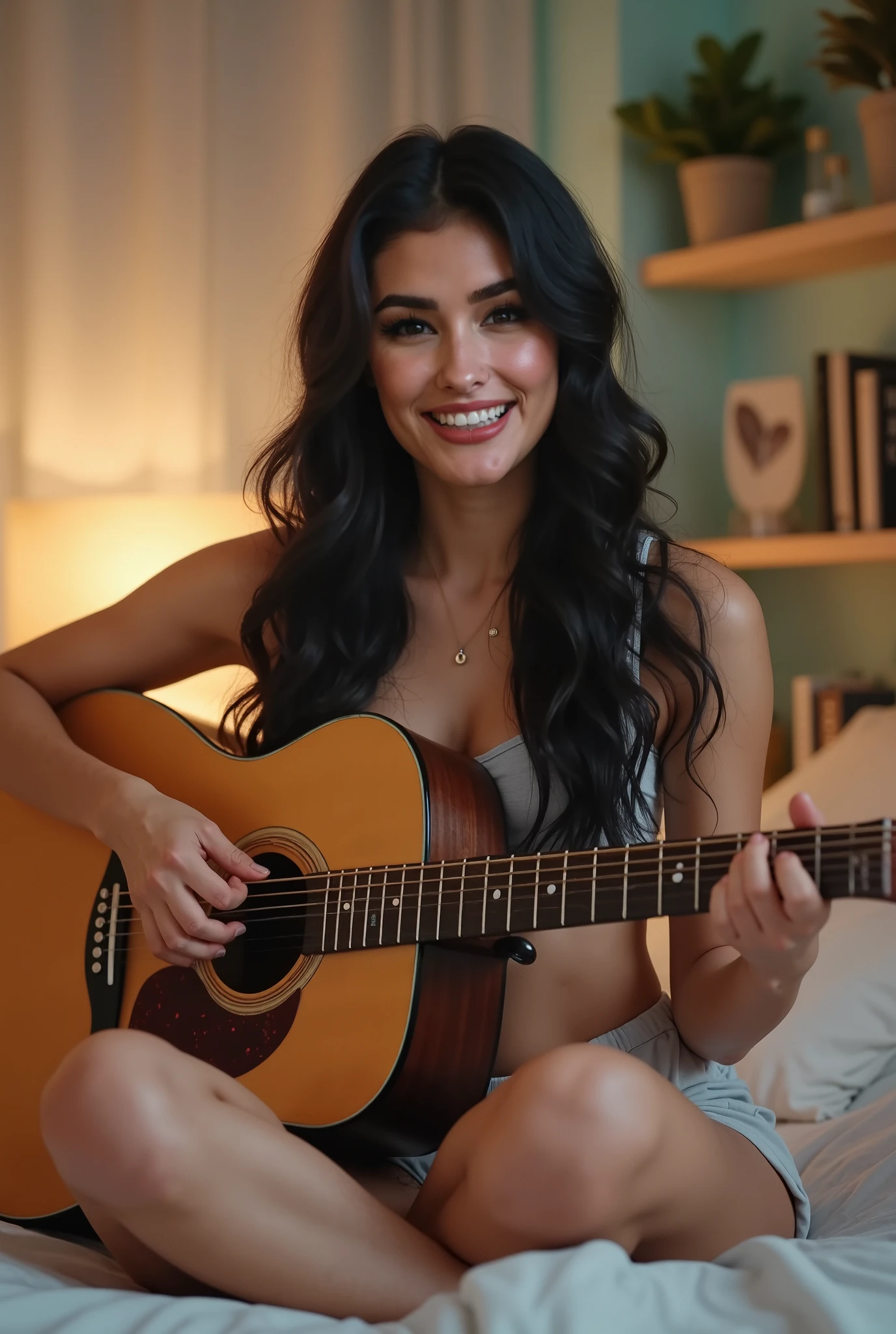 Mulher, jovem, cabelos lisos e vermelhos, olhos negros, sorrindo, tocando guitarra.