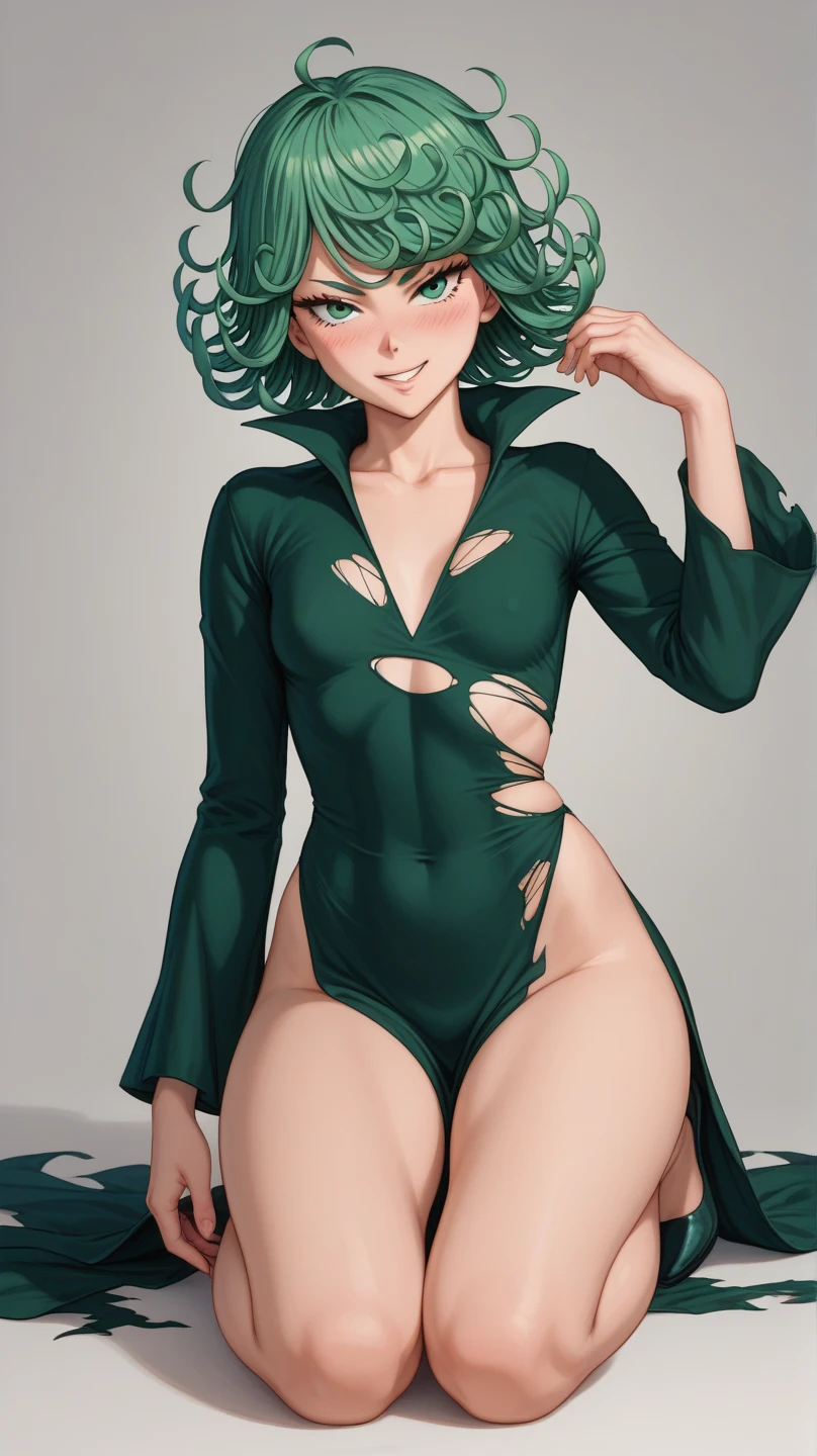 (masterpiece, best quality:1.2), cowboy shot, solo, 1girl, tatsumaki, lustful, closed mouth, looking at the viewer, ass, wide hips, black dress, blue sky, clouds, erotica