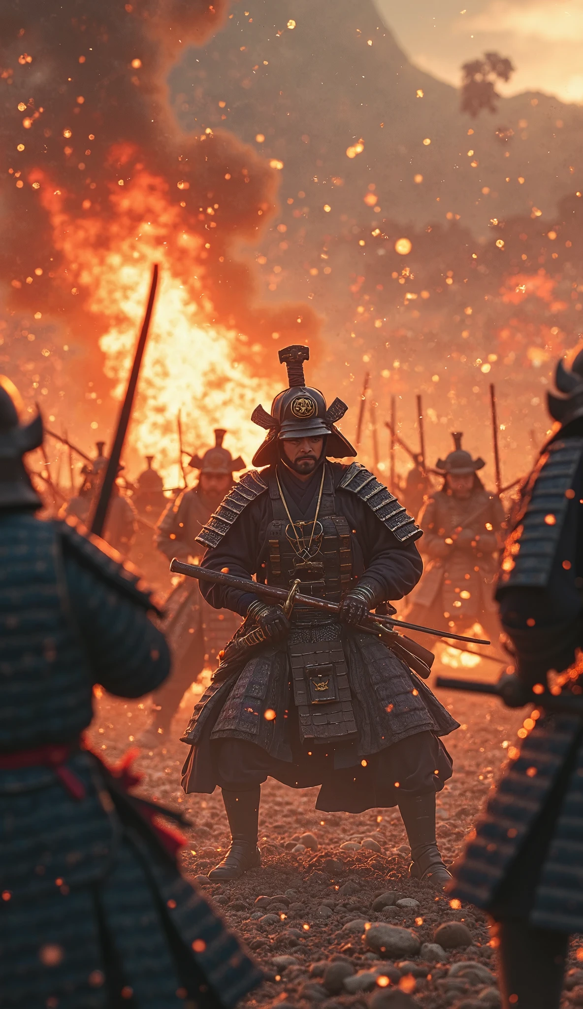 ハイビジョン映像では、本能寺事変当日の夜明けの戦闘シーン(戦国時代の京都の本能寺)　織田信長のクローズアップ、白兵戦、織田信長自身が戦っている、複数の火が焚かれ、武士が戦っており、戦場の中心にいた織田信長が敵に包囲され、甲冑を着た武士がおり、激闘のディテール、高解像度の戦場、本能寺での接近戦、戦場のスポットを動画解像度{×}で映し出される高解像度の戦闘マーク、激闘シーン、高解像度デジタルペイント、戦国時代の戦時時代、細部までこだわった風景。