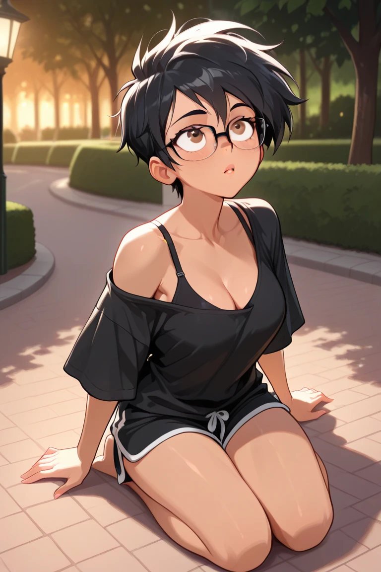 A stunning woman with face dimples and closed pouty lips sat leisurely on a park bench, her straight short dark hair framing her oval face. Thick spectacles rested on the bridge of her nose, adding an intellectually intriguing touch to her appearance. Her body boasted extreme wide hips and a big butt, with a flat chest that created a captivating contrast. The full body view of her displayed her alluring curves in a knee-length off-the-shoulder summer dress, the hem of which barely concealed her cleavage. With one hand resting on her knee and the other casually tucked into her dress, she displayed a seductive downblouse, inviting the view