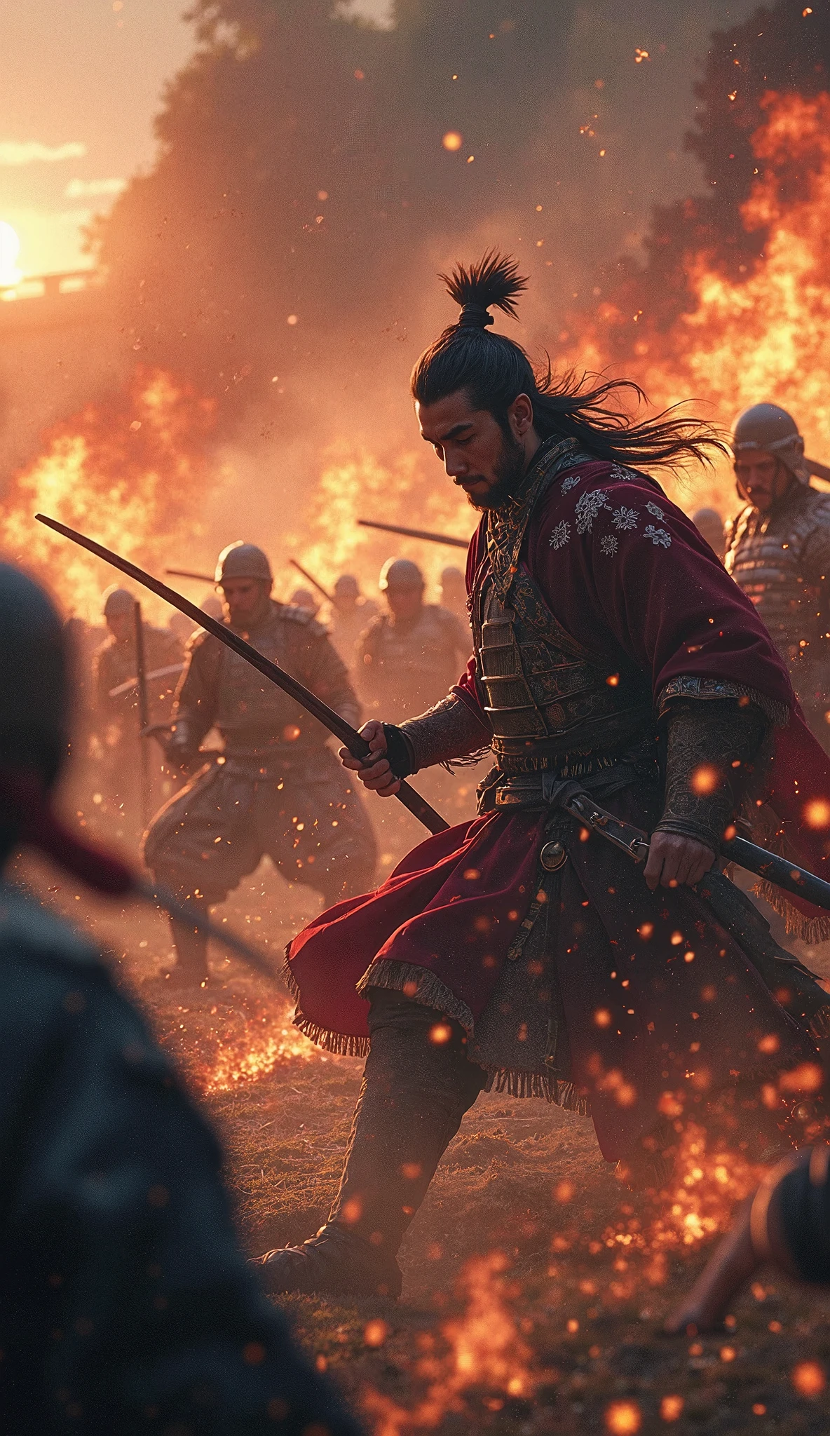 ハイビジョン映像では、本能寺事変当日の夜明けの戦闘シーン(戦国時代の京都の本能寺)　織田信長のクローズアップ、白兵戦、織田信長自身が戦っている、複数の火が焚かれ、武士が戦っており、戦場の中心にいた織田信長が敵に包囲され、甲冑を着た武士がおり、激闘のディテール、高解像度の戦場、本能寺での接近戦、戦場のスポットを動画解像度{×}で映し出される高解像度の戦闘マーク、激闘シーン、高解像度デジタルペイント、戦国時代の戦時時代、細部までこだわった風景。