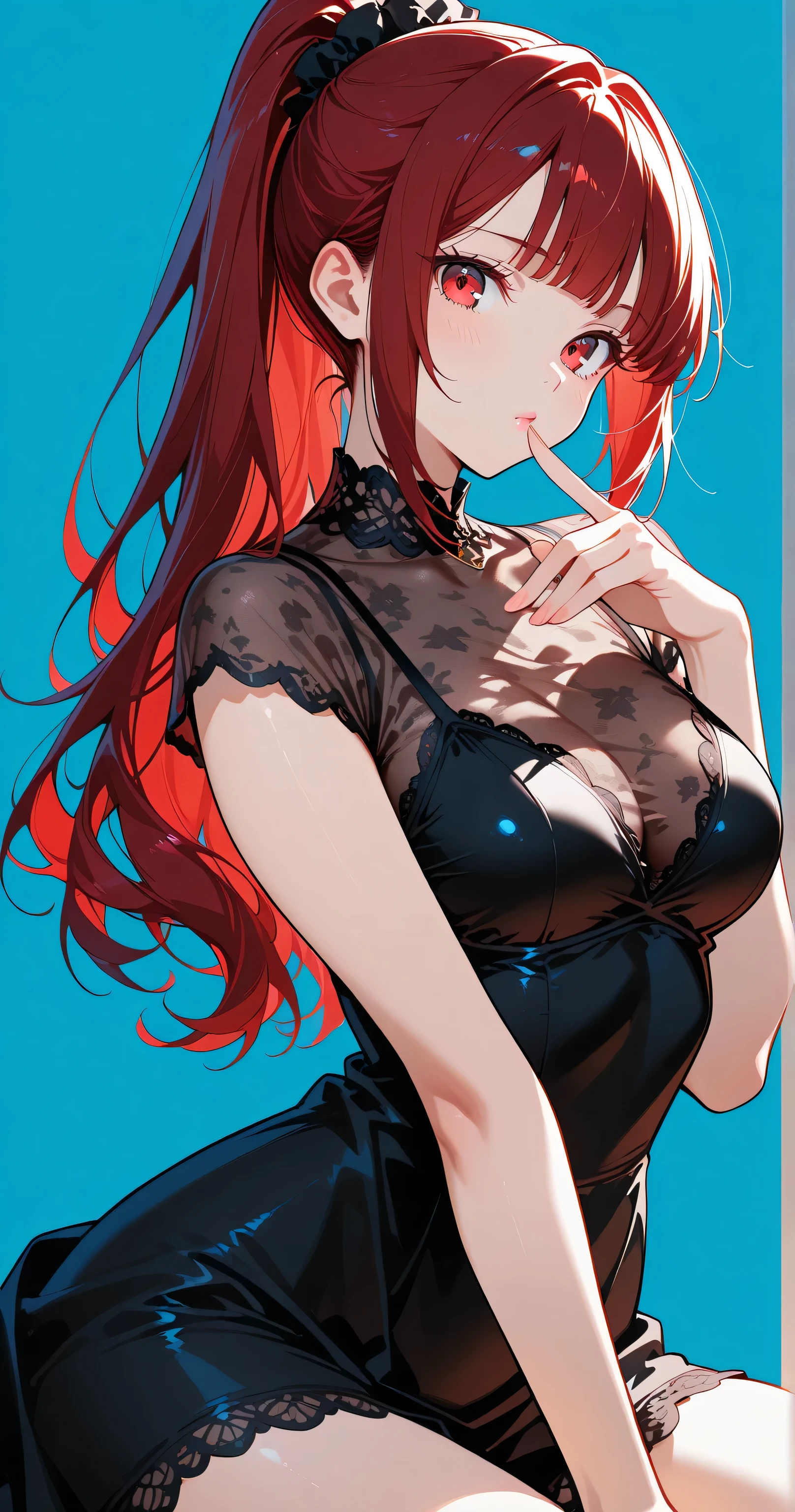 18 year old beautiful girl, blue big eyes, Petite and slender、slightly large breast, ((scarlet orange hair,)),(Loose fluffy short braided hair), in 8K, of the highest quality, (Highly detailed head: 1.0), (Very detailed face: 1.0), (very detail hair: 1.0),((Cleavage-enhancing lewd black garter slit dress))、sexy tattoo, Detailed official artwork, anime moe art style, clean detailed anime art,cool smile