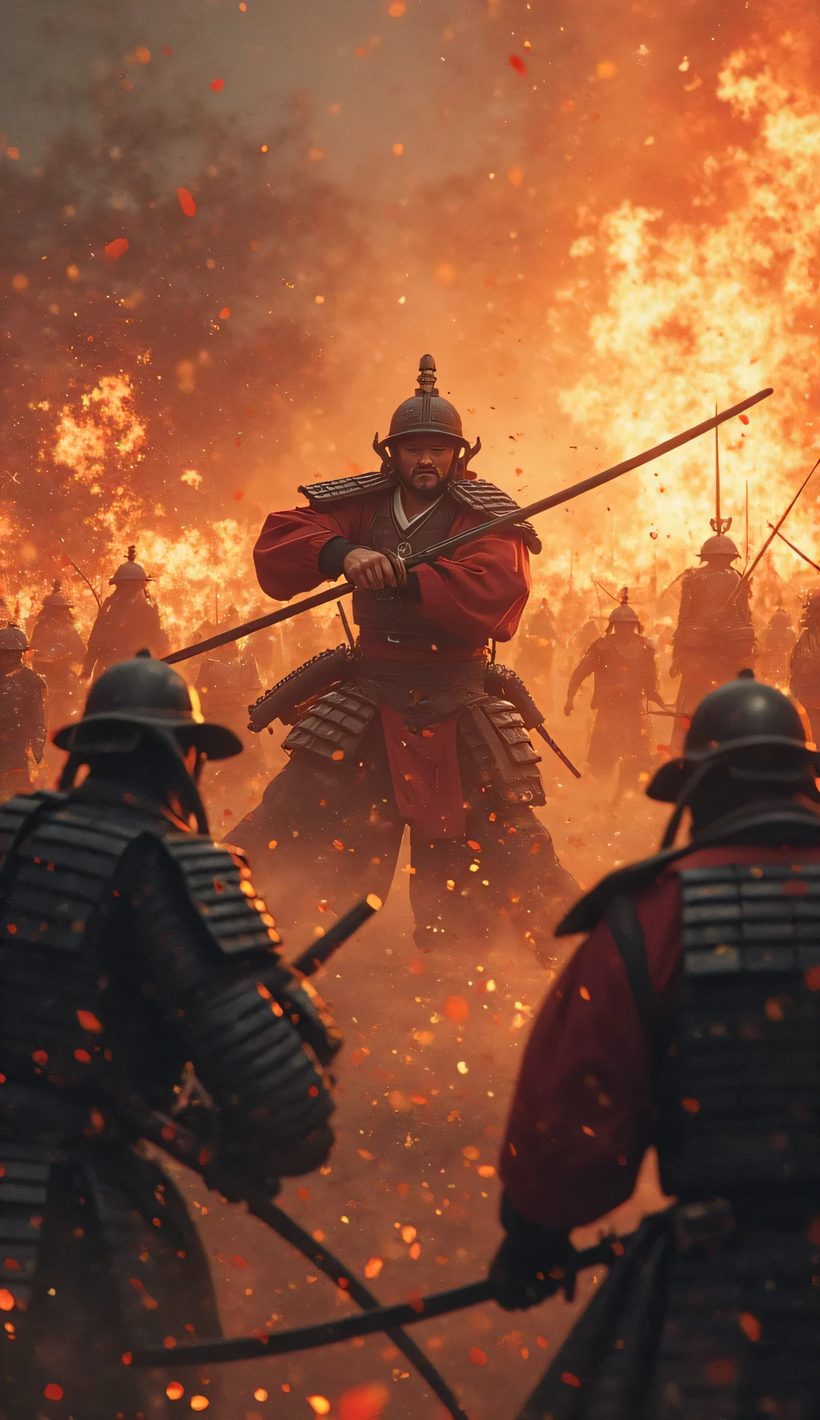 ハイビジョン映像では、本能寺事変当日の夜明けの戦闘シーン(戦国時代の京都の本能寺)　織田信長のクローズアップ、白兵戦、織田信長自身が戦っている、複数の火が焚かれ、武士が戦っており、戦場の中心にいた織田信長が敵に包囲され、甲冑を着た武士がおり、激闘のディテール、高解像度の戦場、本能寺での接近戦、戦場のスポットを動画解像度{×}で映し出される高解像度の戦闘マーク、激闘シーン、高解像度デジタルペイント、戦国時代の戦時時代、細部までこだわった風景。