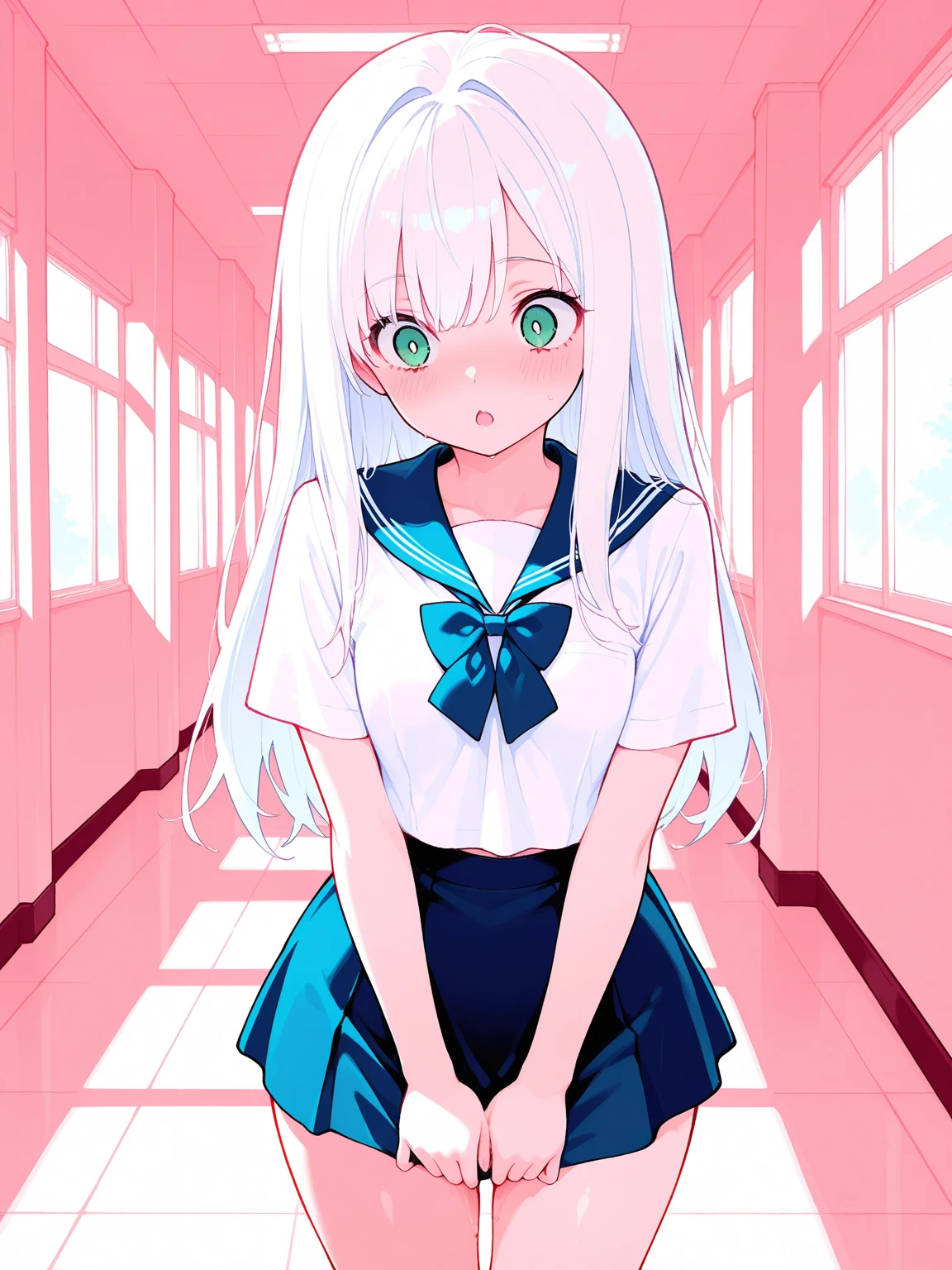 Masterpiece, Best quality, a beauty girl, Long hair, Light blue hair, Green eyes, seifuku, Socks, hair flower,