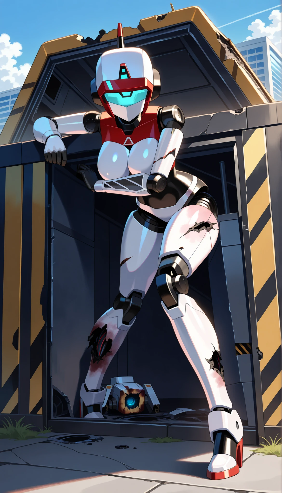 (damage robot:1.5), (A beautiful girl busty robot that is severely damaged and tattered and full of holes:1.5)