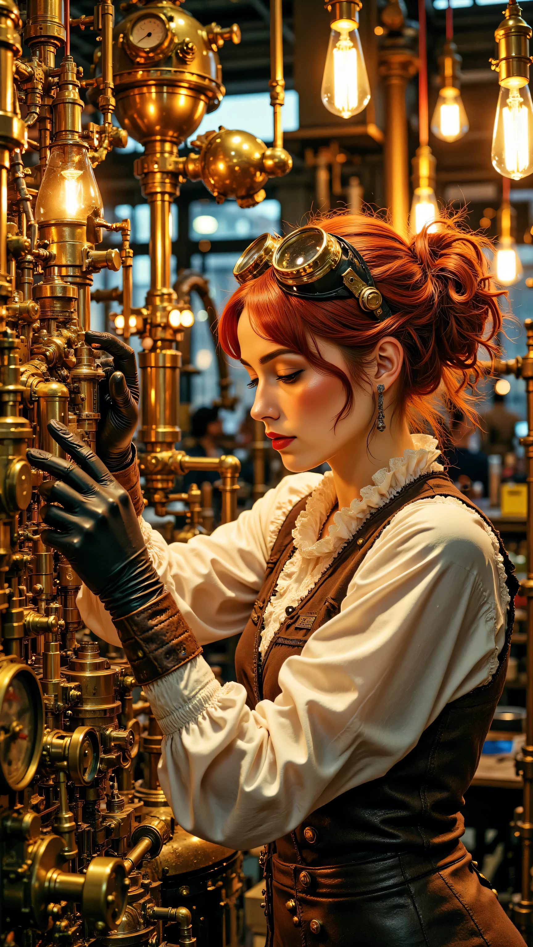 8k, Masterpiece, Top Quality, medium shot, profile view, woman, wavy red hair in intricate updo, copper highlights, brass steampunk goggles with multiple lenses on forehead, looking down, intense focus, wearing white ruffled blouse, studded brown leather vest, worn dark leather gloves, working on complex brass and steel machinery with glowing tool tip, cluttered steampunk workshop background filled with gears, pipes, gauges, hanging glowing incandescent bulbs, warm focused light from glowing tool tip and bulbs casting soft shadows, atmospheric dust motes in light beams, strong highlights on machinery, subtle rim lighting on figure, high contrast

