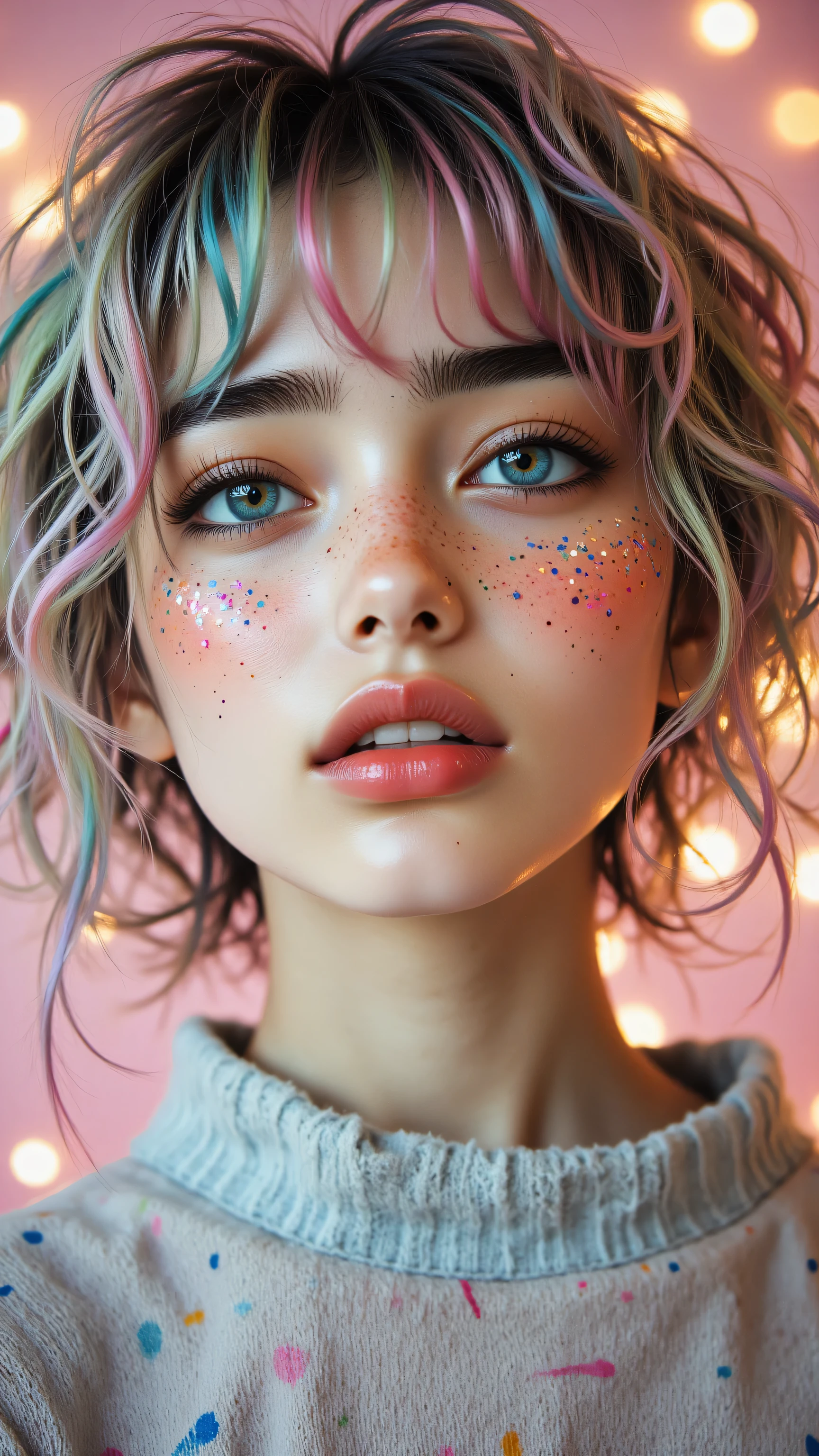 ((ultra detailed)),((Bright eyes)), (Detailed eyes), 8k, blink blink, (The Little Faux Freckles Makeupgirl), ((realistic skin)), ((focus detailed 2 straps on the shoulders of dress)) , ((shiny white facial skin)), with colorful hair and a colorful dress, rossdraws pastel vibrant, rossdraws cartoon vibrant, style anime 8k, beautiful portrait, artgerm colorful!!!, ! dream artgerm, beautiful anime girl, styled digital art, art wallpaper 8k, digital art, extremely detailed artgerm,((( face tattoos, breast )))
