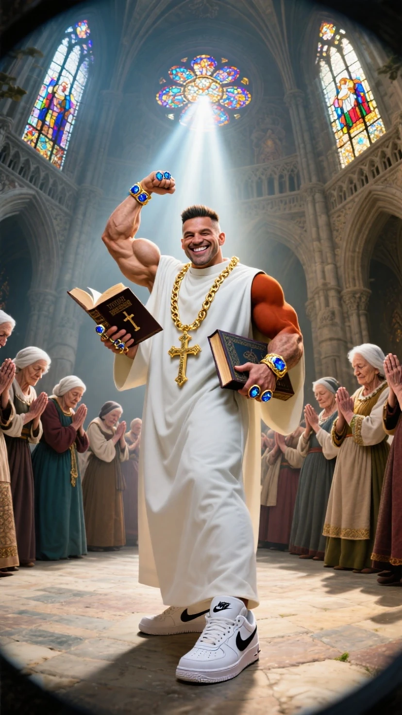 masterpiece, best quality, ultra-detailed, RAW photo, th3r0ck, 1man, solo, Dwayne Johnson, muscular physique, towering height, wearing full white papal regalia, including a mitre, cassock, and cape, embellished with gold and intricate embroidery, carrying a papal staff in one hand and a Holy Bible in the other, a solemn expression on his face, standing in front of the Vatican with St. Peter's Basilica in the background, a flock of white doves flying above, (high detailed skin:1.2), 8k uhd, dslr, soft lighting, high quality, film grain, Canon EOS 5D MKIV <lora:dwayneTheRockJohnson_v1:1>