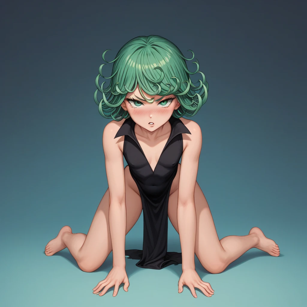 tatsumaki in combat, (masterpiece, best quality, highres), (petite), green magic, (1girl, solo), slant eyes, sharp look, flying, sky, looking down, threatening, (small pupils), art, NFSW, show breast, flat chest, semi nude, sexy, lewd, seductive