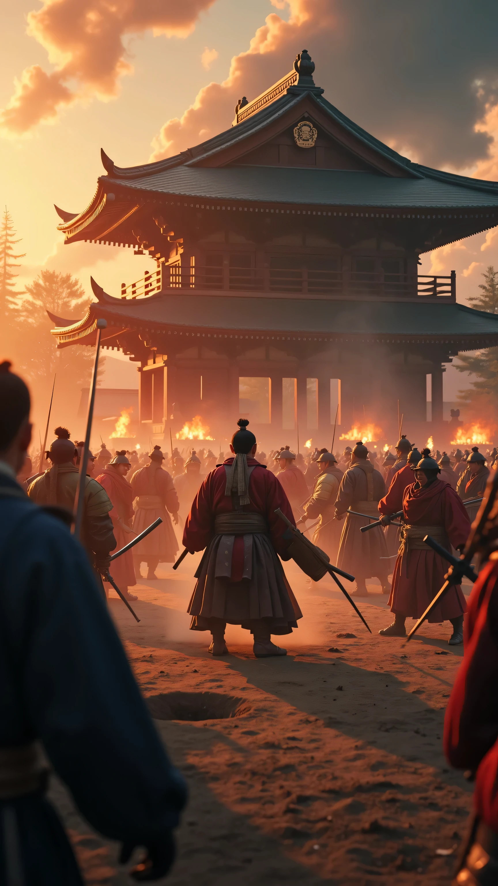 ハイビジョン映像では、本能寺事変当日の夜明けの戦闘シーン(戦国時代の京都の本能寺)　織田信長のクローズアップ、白兵戦、織田信長自身が戦っている、複数の火が焚かれ、武士が戦っており、戦場の中心にいた織田信長が敵に包囲され、甲冑を着た武士がおり、激闘のディテール、高解像度の戦場、本能寺での接近戦、戦場のスポットを動画解像度{×}で映し出される高解像度の戦闘マーク、激闘シーン、高解像度デジタルペイント、戦国時代の戦時時代、細部までこだわった風景。