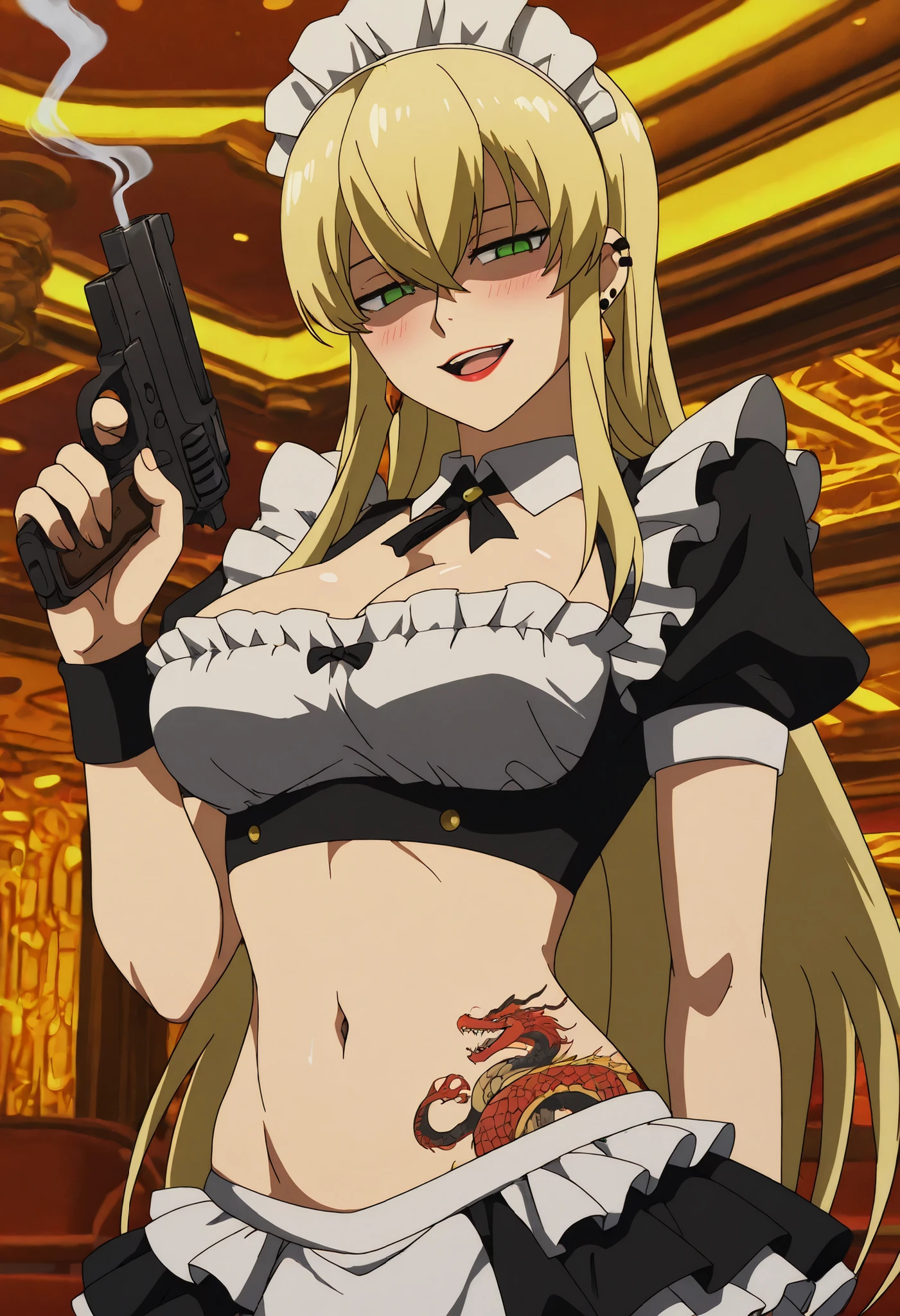 masterpiece, best quality, newest, absurdres, very aesthetic, Doya, 1girl, solo, , blonde hair, long hair, bangs between eyes, green eyes, ,, looking at the viewer, , masterpiece, best quality, highly detailed, , open mouth, ,, ear piercing, long hair, blush, lipstick,Hot girl, baddie, smoking, sensual, attractive ,jewelry, earrings, complex detailed background, casino environment, fancy interior environment, rich interior, masterpiece, best quality, highly detailed, a girl in maid uniforms, holding pistol, maid outfit, cleavage, evil smile, smile, open mouth ,official artwork, (nsfw) not safe for work, beautiful maid girl, , micro skirt, exposed belly, exposed navel, exposed midriff, exposed lower belly, holding a gun,,,medium large breasts, waist dragon tattoo, narrowed eyes, tattoo waist, anipai_style , anime screencap , anime coloring,