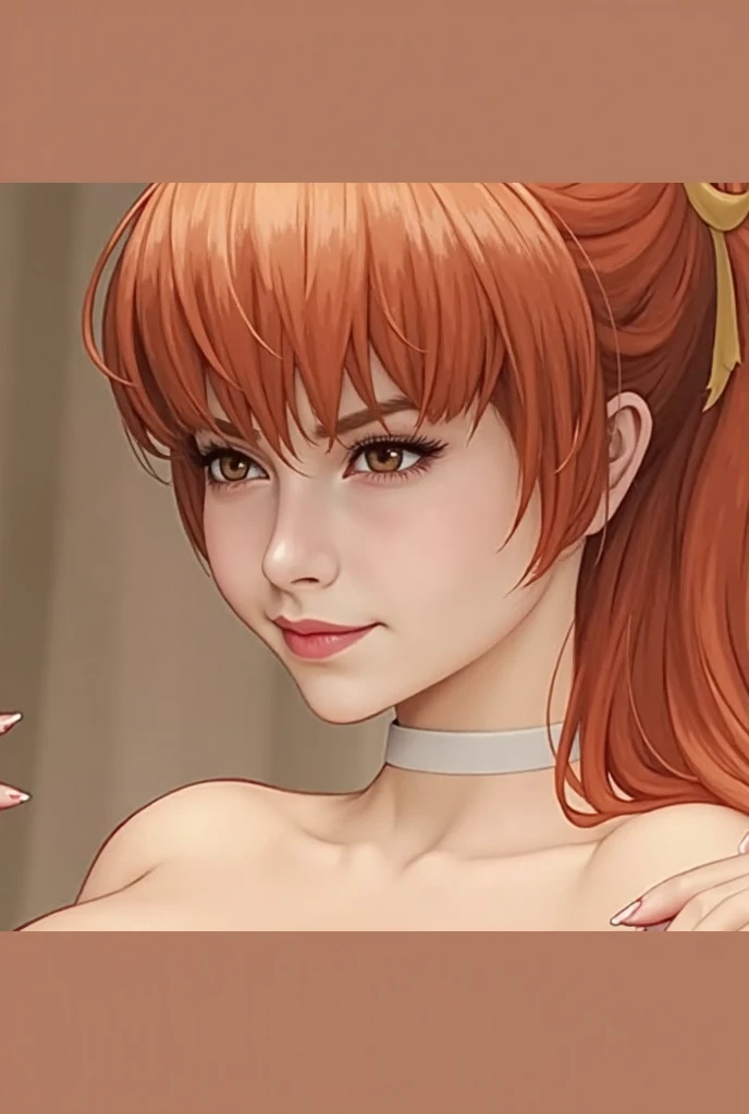 kaede, red eyes, long hair, cleavage, solo, smile, collarbone, upper body, braid, red hair, clenched hands, medium breasts, :d, 1girl, looking at viewer, closed mouth, underwearhuge breast