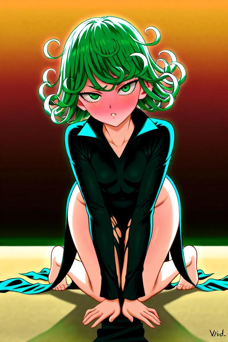 tatsumaki, breasts big,clothes in mouth, neckleace, へそ, t - shirt, ((Good)),clothes lift, shirt in mouth, overskirt, lying, whole body,corpo sexy,sitting down