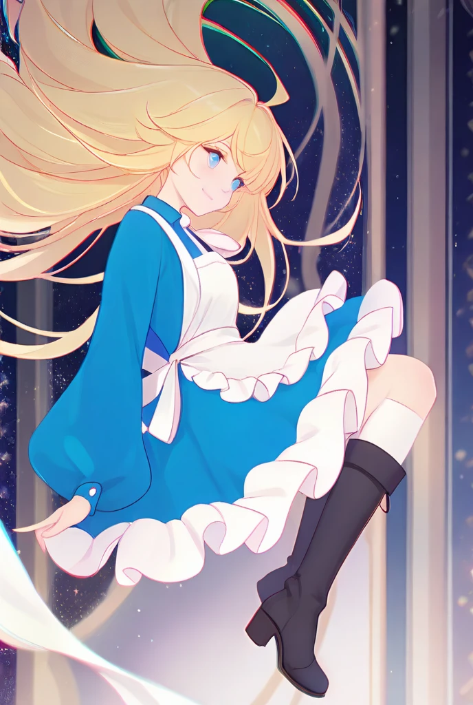 Charles Robinson Anime wondrous strange Whimsical Sci-Fi Fantasy alice in the wonderland Room at home super miniskirt maid outfit alice Outside the window the galaxy and big Saturn、You can see the space station Stuffed bear in the air indoors、Floating books, etc. solo girl, sweet innocent beautiful face, blonde girl, large breasts large ass, hyperdetailed high resolution masterpiece