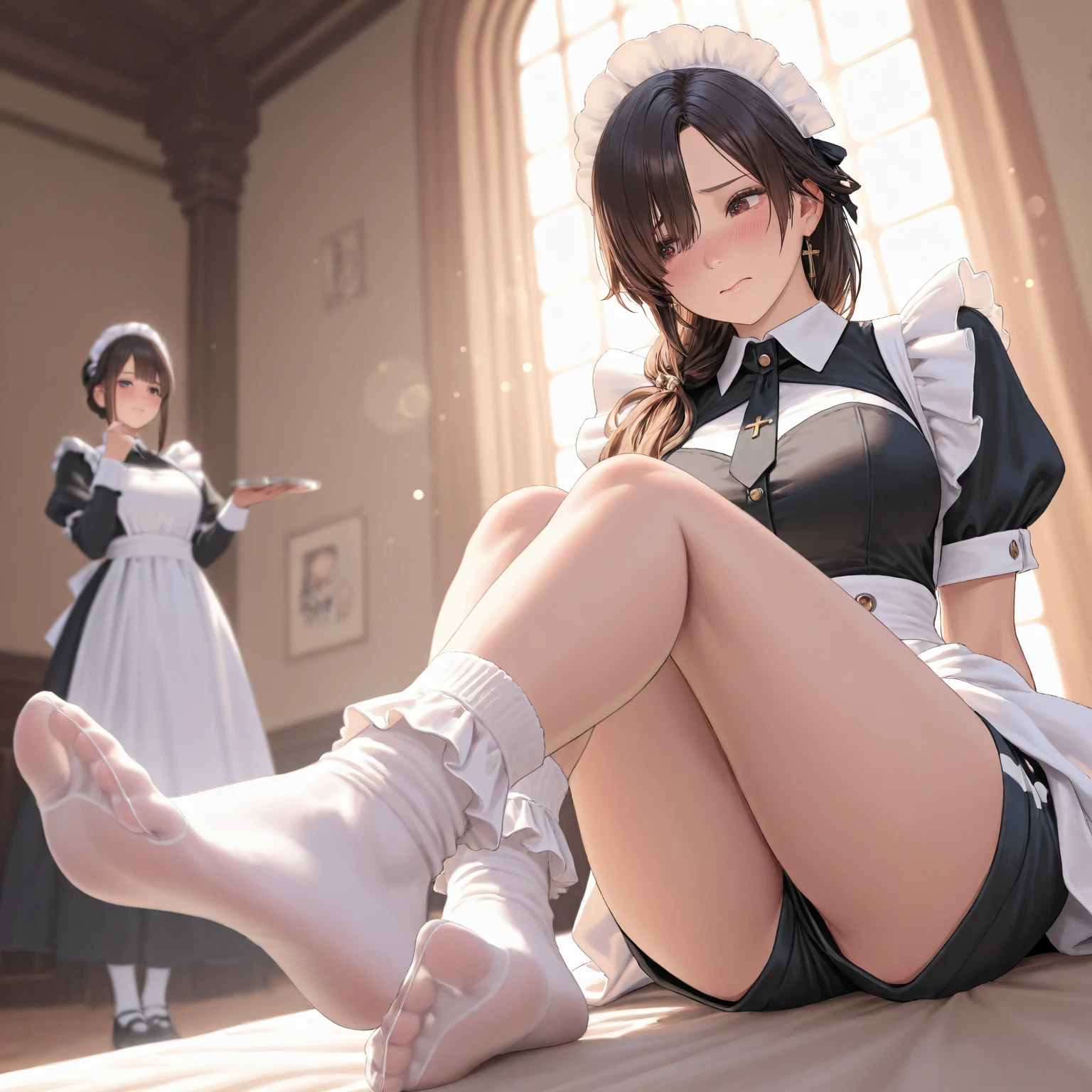 (footjob), Masterpiece、Highest quality、Highest quality, (long and thin legs, shoes:1.2), Arm behind wrist, squat、Spread your legs、1 girl, (smile、Open your mouth大笑い:1.2), Cute eyes, (Detailed face:1.3)、Open your mouth, The whole face turns red, alone, Big and ample breasts, (Straight bangs, Twin tails), White maid outfit、Side bust、Underbust、belly button、Walking through the mansion'corridor、nsfw、shoes下
