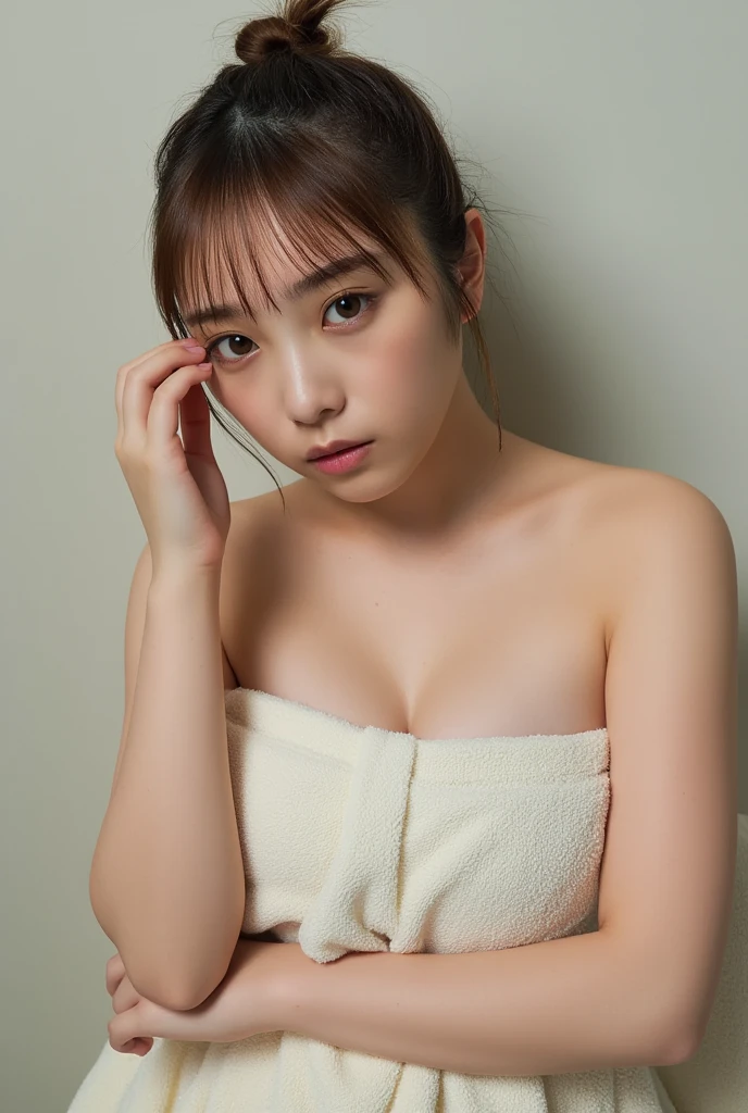 1Girl, Solo, (Masterpiece, Best Quality, 8K,,Photorealistic, real girl, mulberry:1.37), looking up at viewer, 1 dainty Japan, Slender body type: 1.1, Small breasts, Sitting, sauna, Double eyelids, Droopy Eyes, A dark-haired, (Sweaty face, Sweaty body: 1.2): 0.2, (White Oversized Towel Dress, strapless), (small in size, White Towel Turban: 1.1),, realistic body, makeups, Gloss slip, focus on face, smaller face, Sharp focus, Layered Cut, facing the viewer, The sauna has the following.., shot from the front