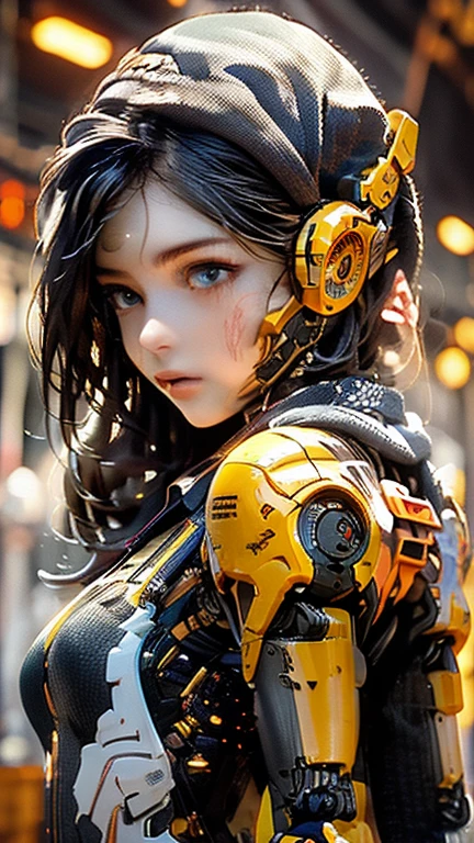 Photograph a Malay girl in hijab with a swarm of tiny robotic companions, illustrating the harmonious relationship between her and advanced technology
