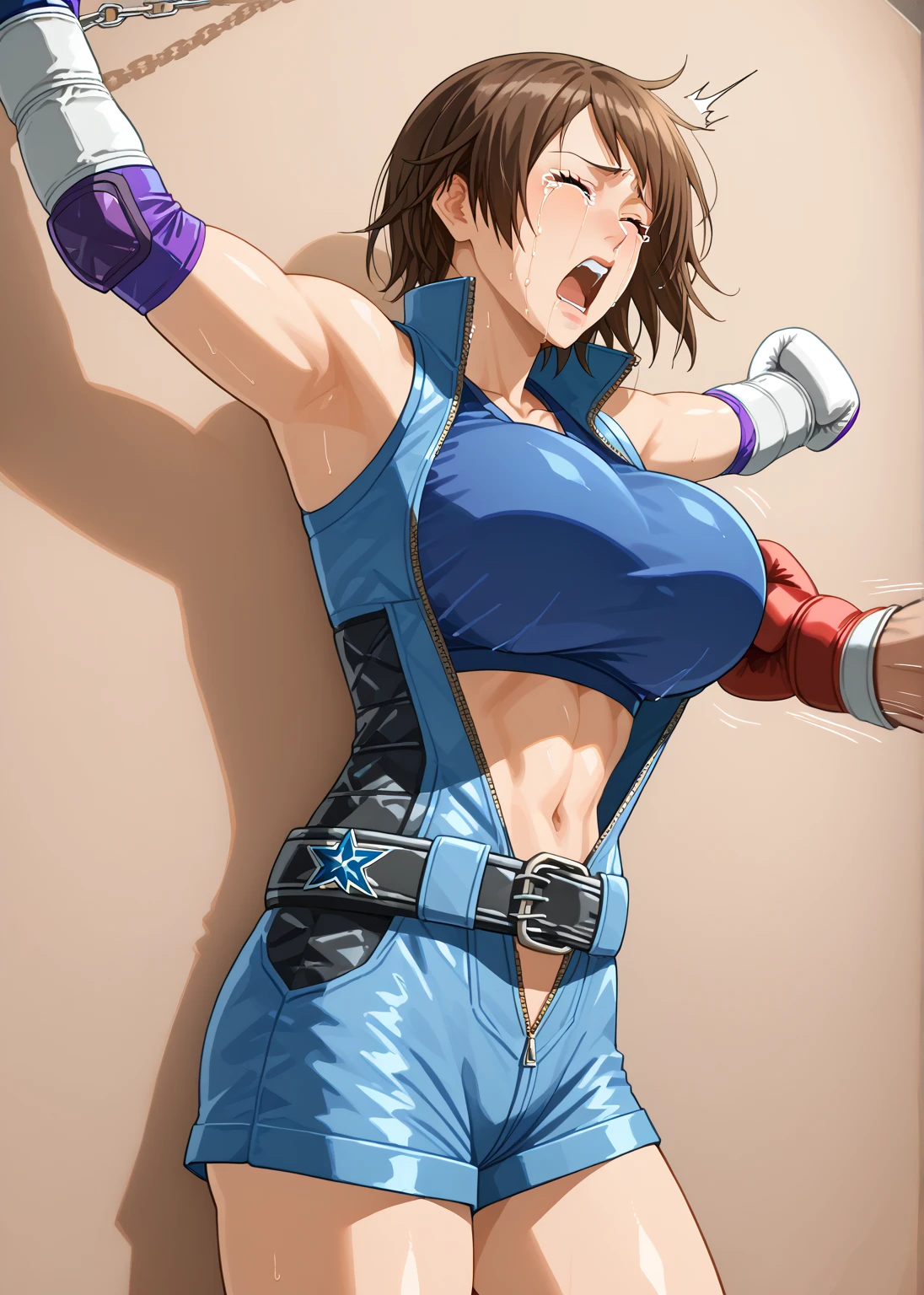 Browsing Caution, (Best image quality,highest quality,Highest Resolution, Ultra-Realistic Images,Very detailed,masterpiece),Asuka Kazama,Kazama Asuka,((Sticky with sweat)),Big Breasts, Erect nipples, (((Large areola))),(((Exposing the breasts))),jeans, Abdominal muscles, blush, Eyes in Love, Dynamic pose ,Browsing Caution,