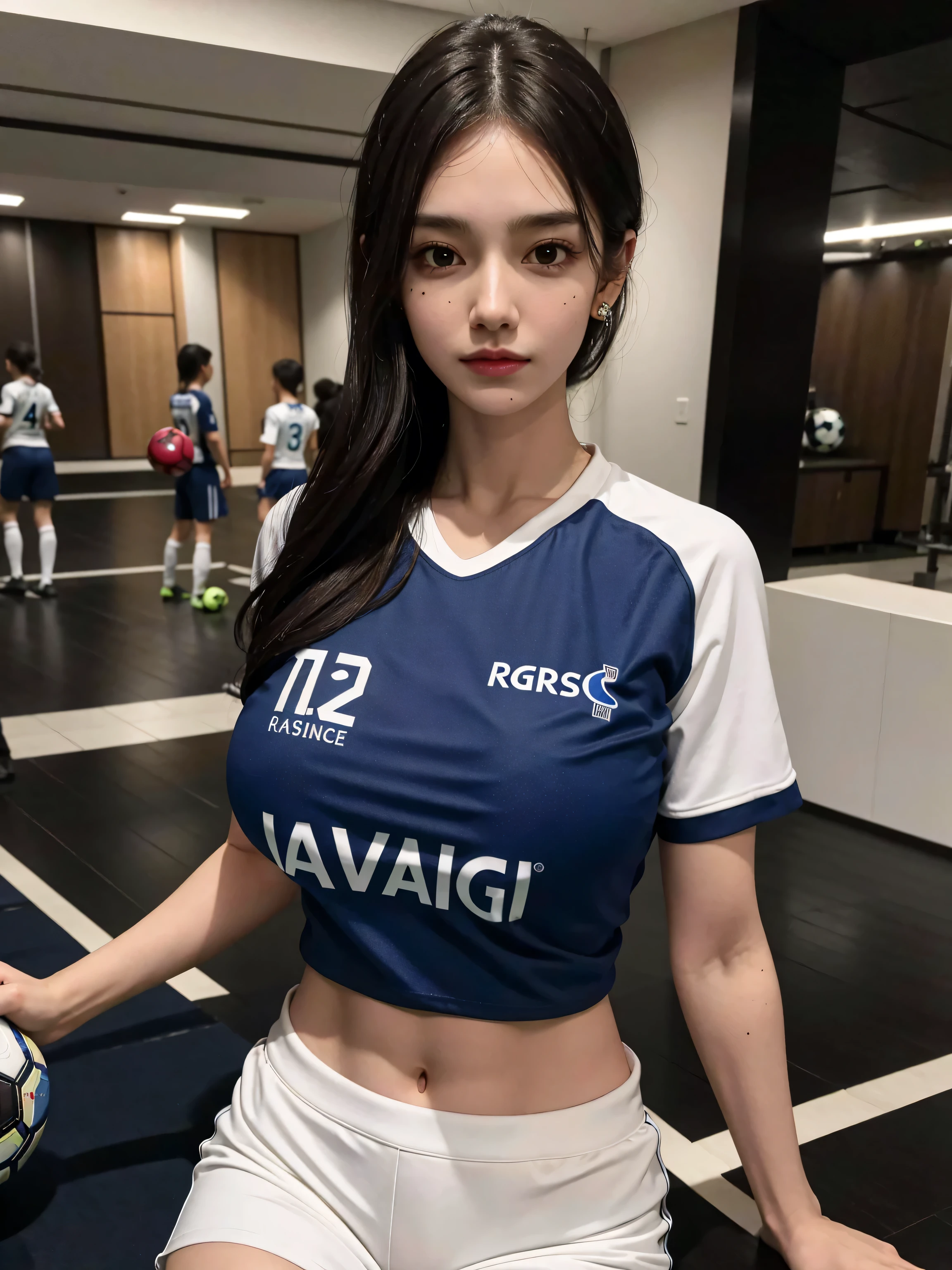 8K, Raw photo, highest quality, masterpiece, realistic, Photoreal, (1 Ultimate beauty), 21 years old, highly detailed face, (perfect teeth), detailed eye, double eyelid, eyelash, grin and laugh, lip details, brunette bob, natural breasts, ((Sexy light blue volleyball uniform)), soft light, ((Depth of written boundary)) 、Shot from the back、share、stick out your butt、With legs apart、slender body、inverted nipples,
