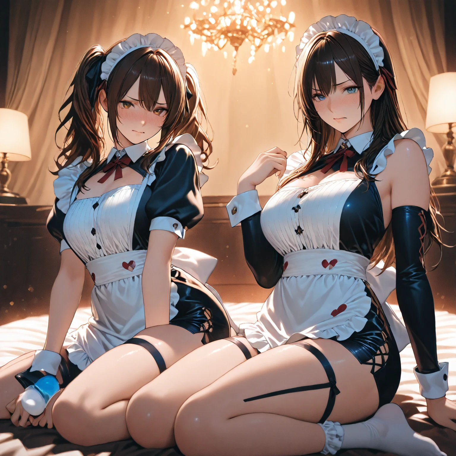 ((masterpiece, highest quality, High resolution, 超High resolution, Perfect Pixel, Depth of written boundary, 4K, RTTX 10.0, High resolution))), (Three women:1.3), Beautiful Anime Woman, Beautiful art style, Anime characters, ((Long Hair, bangs, Dark brown hair, ponytail)), ((Beautiful eyelashes)), ((Detailed face, blushする:1.2)), ((Smooth texture, Realistic texture, Anime CG Style)), Perfect body, Slender body, Exact finger count、Exact number of legs、Exact number of arms, (blush:1), (3人の女性はLooking Backスカートをめくって立っている, The women on either side are standing next to the woman in the center:1.2), ((black and white maid outfit:1.2)), Knee-high socks, (Lift up your skirt yourself:1), Realistic, Slender body, highest quality, High resolution, 非常にDetailed face, Perfect lighting, Extremely detailed CG, (Perfect hands, Perfect Anatomy), Embarrassed expression, (Bedroom in a Western-style mansion:1.3), Morning sun-like lighting, whole body, ((Stylish and sexy e satin panties, White panties with large lace trim on the back:1.2)), , garter belt, Knee socks, (Exquisitely designed luxury panties for adults, パHigh resolution画像), Angle from the rear, Looking Back