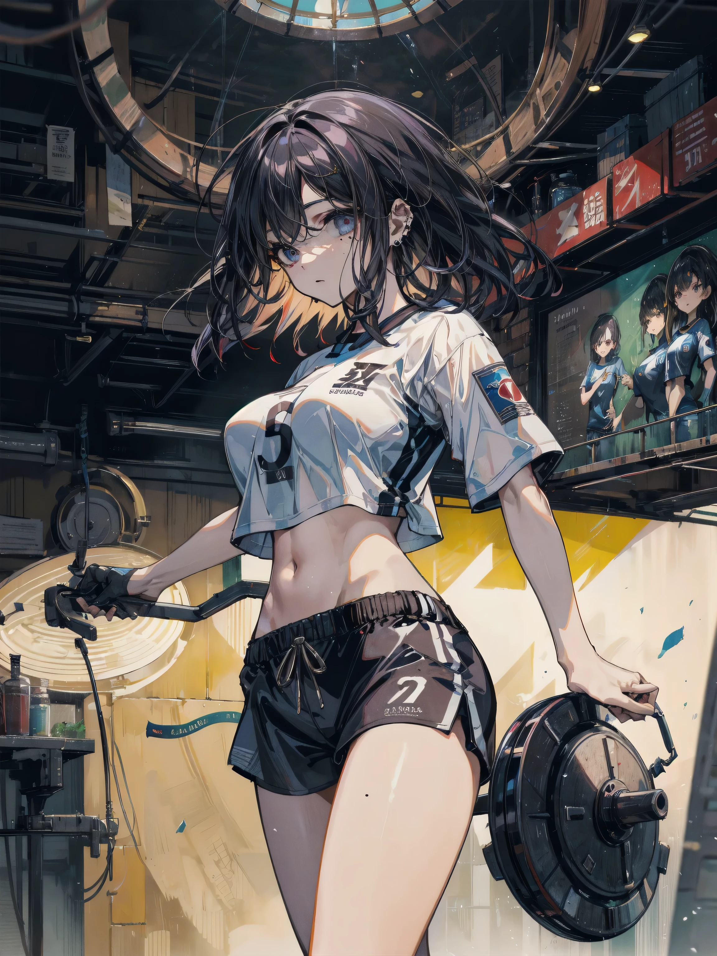 perfect anatomy, correct body, ideal ratio of body proportions, tearful mole, earring, medium hair, black hair, big tits, whole body shot, shorts, t-shirt, off-shoulder,