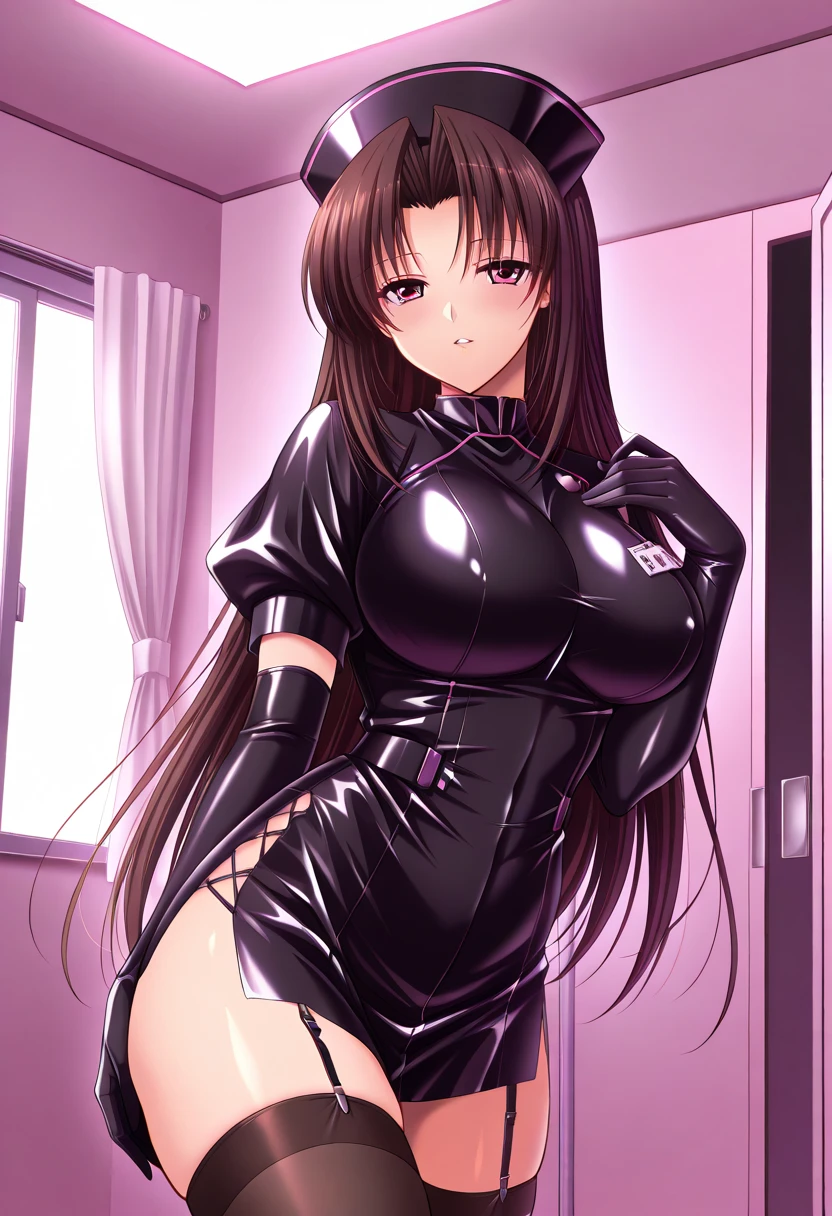 (highest quality:1.2, Anime artwork, Very detailed, High Detail, digital coloring, High Contrast, masterpiece:1.2, highest quality, Best aesthetics), 8k,masterpiece, cute,tall,beautiful,best quality, 1lady,black hair,long hair,empty eyes, (finely detailed empty pupils and detailed face),,,,extremely detailed cg unity 8k wallpaper,solo,(latex military costume:0.9),large breasts,seductive smile,military hat,latex thighhigh,large breasts,black hair,pink eyes,pink leotard,pantyhose,military coat,enamel suits,grossy lips,sitting,bust shot,sadistic smile,,heel,shiny skin,military coat,detailed face,beautiful body,full-body,adult,