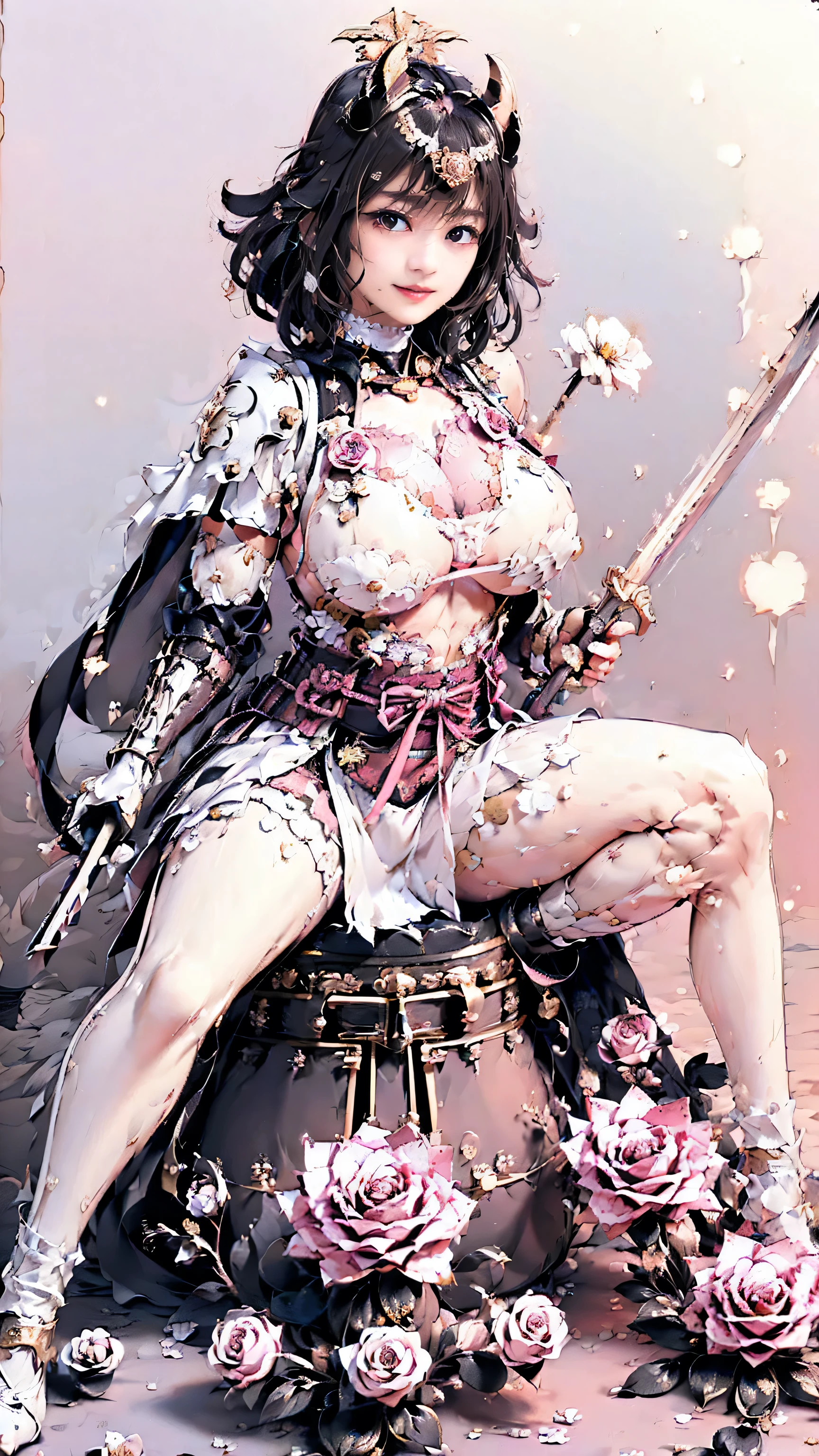 masterpiece,pictures,Highest Quality,8k,best quality,ultra-detailed,super detailed skin,perfect anatomy,detailed,official art,young woman,1girl,warrior,( wielding a Japanese yari spear with great force:1.6),((Sit on the golden throne and spread your legs:1.8)),(from front),(battle pose),(Swinging a sword forward in a leaning attack pose:1.6),(low-braided long hair),(black hair),((red eyes)),glistening skin,muscular,(cleavage,huge breasts:1.8),(sideboob:1.8),(seductive smile),((white color,Samurai armor:1.8 )),(white lined cloak that is long from the shoulders:1.8),gypsy skirt,garter belt,white tights,zettai ryouiki,front light,(high saturation),(crepuscular rays),((pink background:1.6)),(A field of blooming pink rose flower in full bloom:1.6), Brilliant Appearance ,extremely detailed, Imaginative,sensual ,Highest Quality, skin texture,rawpictures, 8k, masterpiece, Highest Quality,Ultra Details,very detailed, Intricate Details ,high resolution,超Intricate Details,very detailed 8k cg wallpaper,