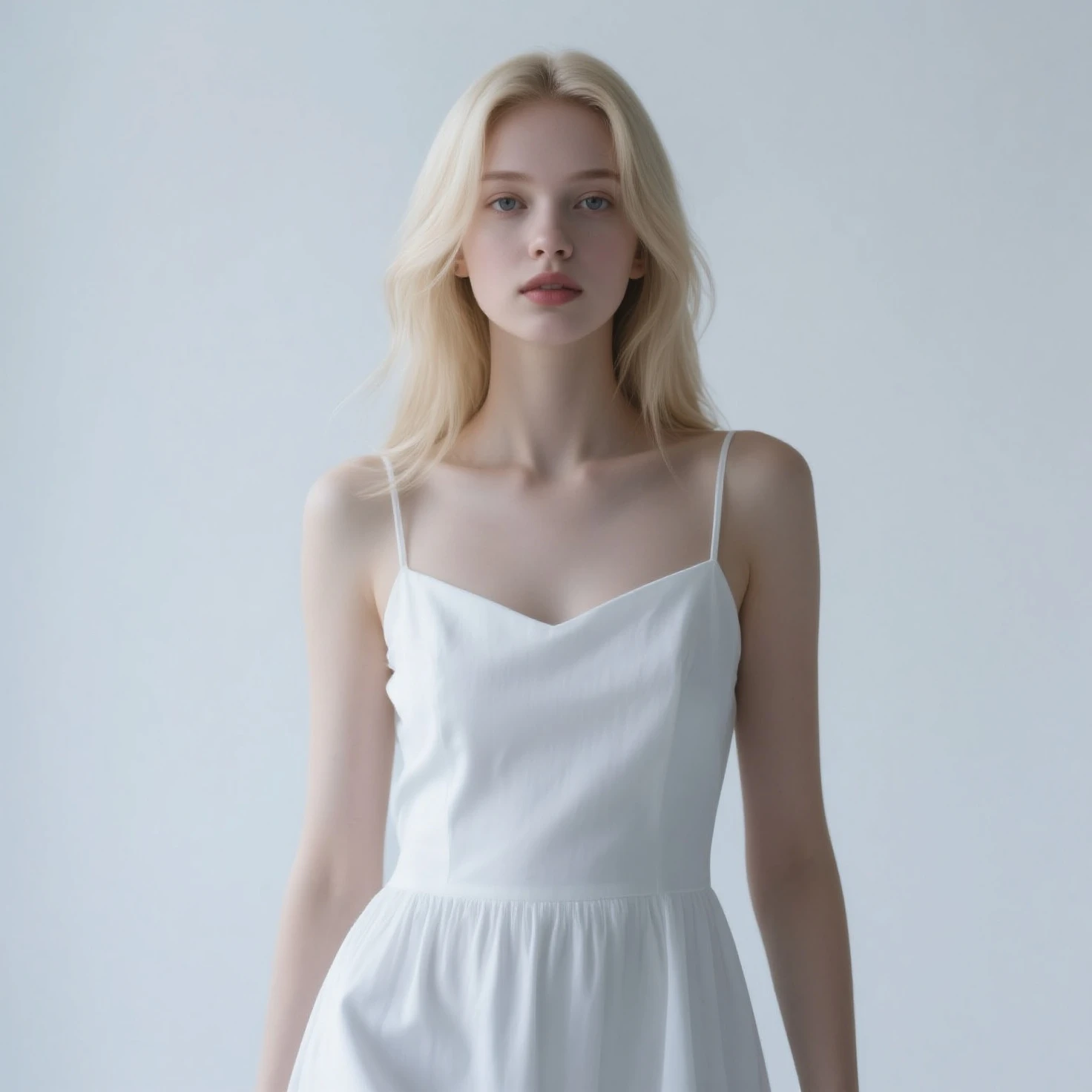 White Blonde girl with sharp jaw line wearing a white sexy dress in a corn field
