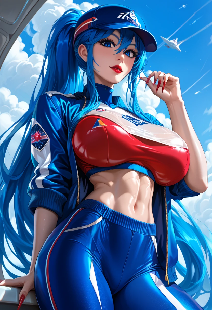 tomboy, lace queen, public event, Are standing, sweating, steam, blue hair, blue eyes, long hair, big breasts,racing suit with zipper open, cleavage, NSFW